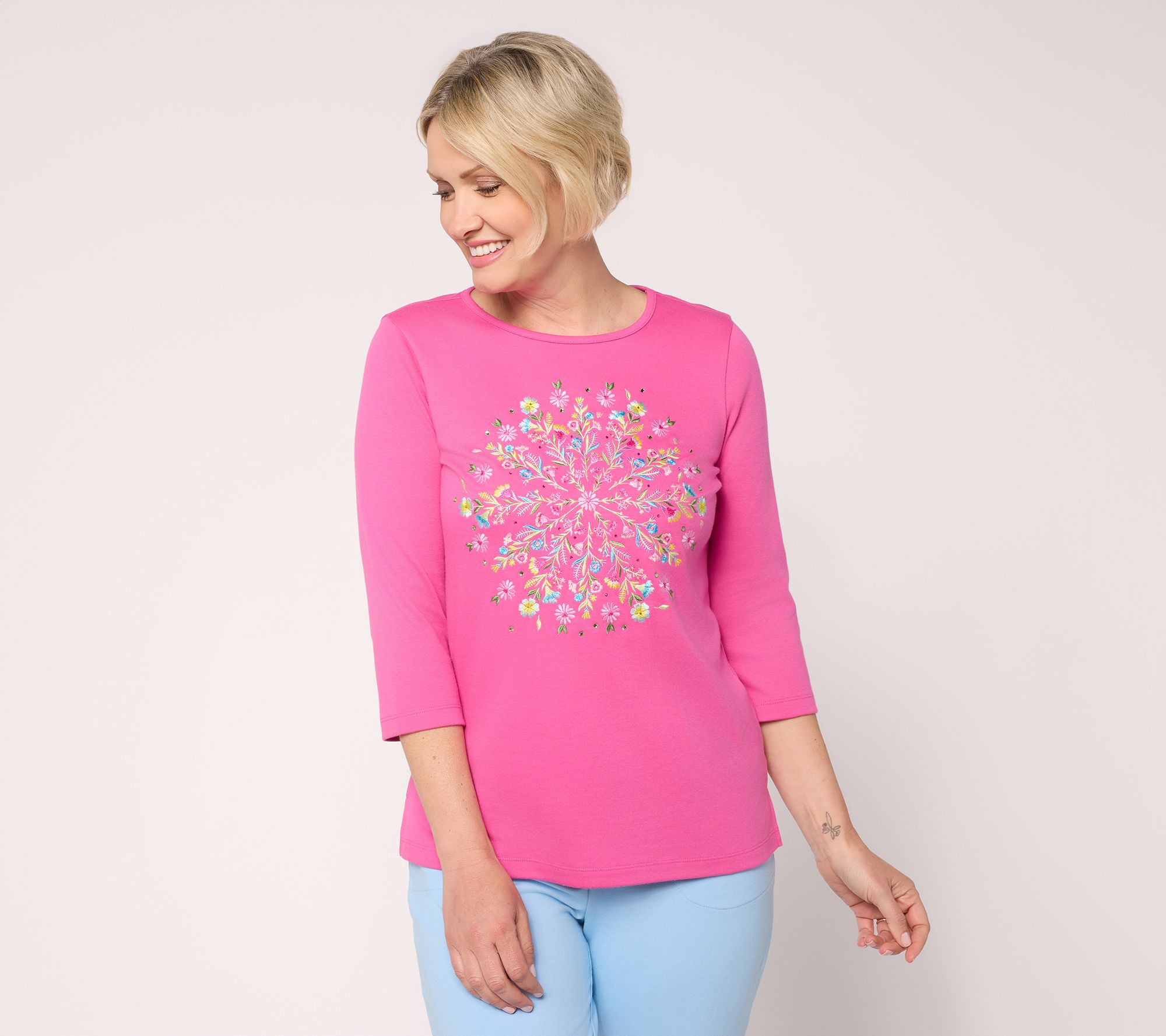Quacker Factory Floral Mandala Embroidered 3/4 Sleeve Top