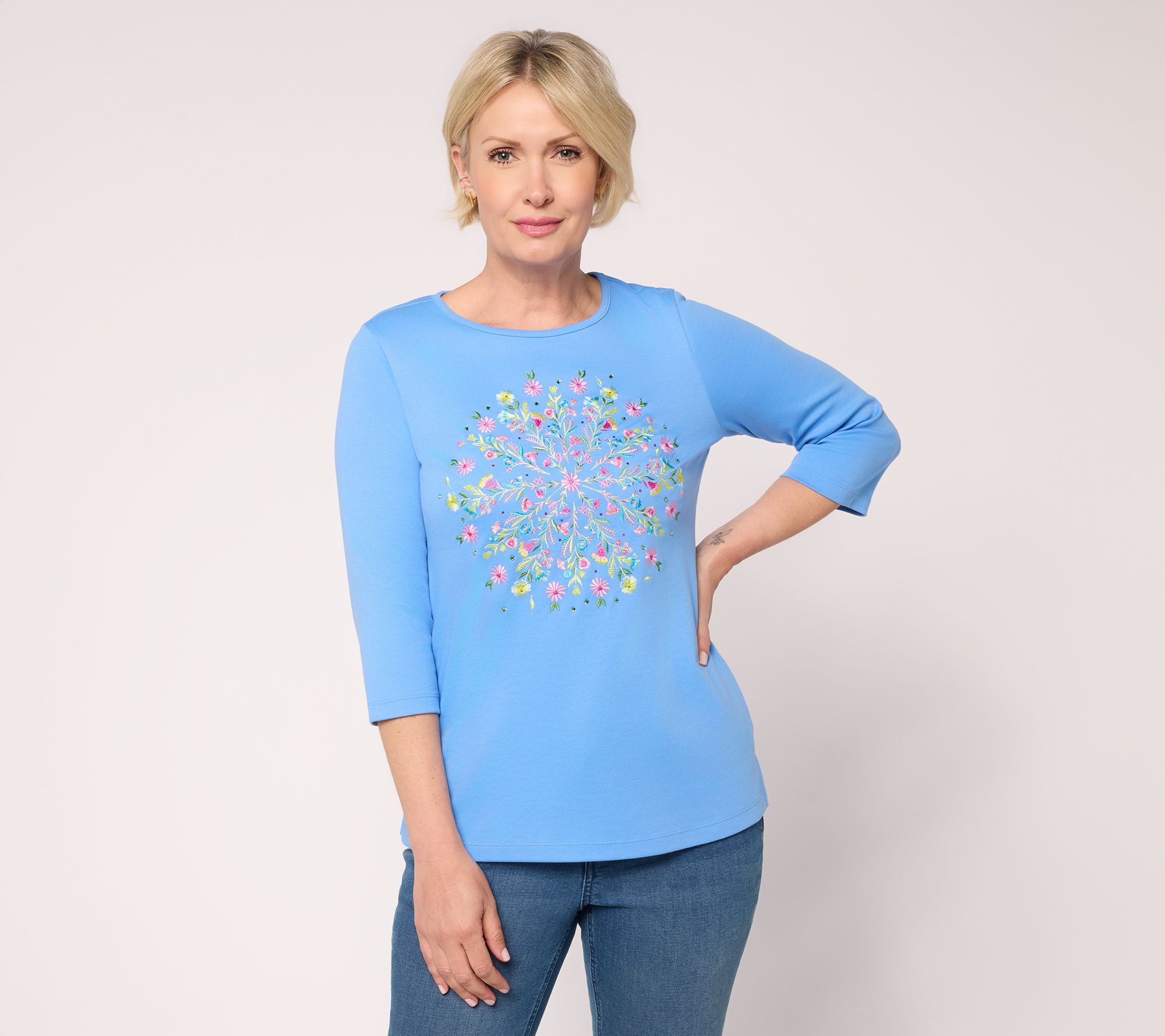 Quacker Factory Floral Mandala Embroidered 3/4 Sleeve Top
