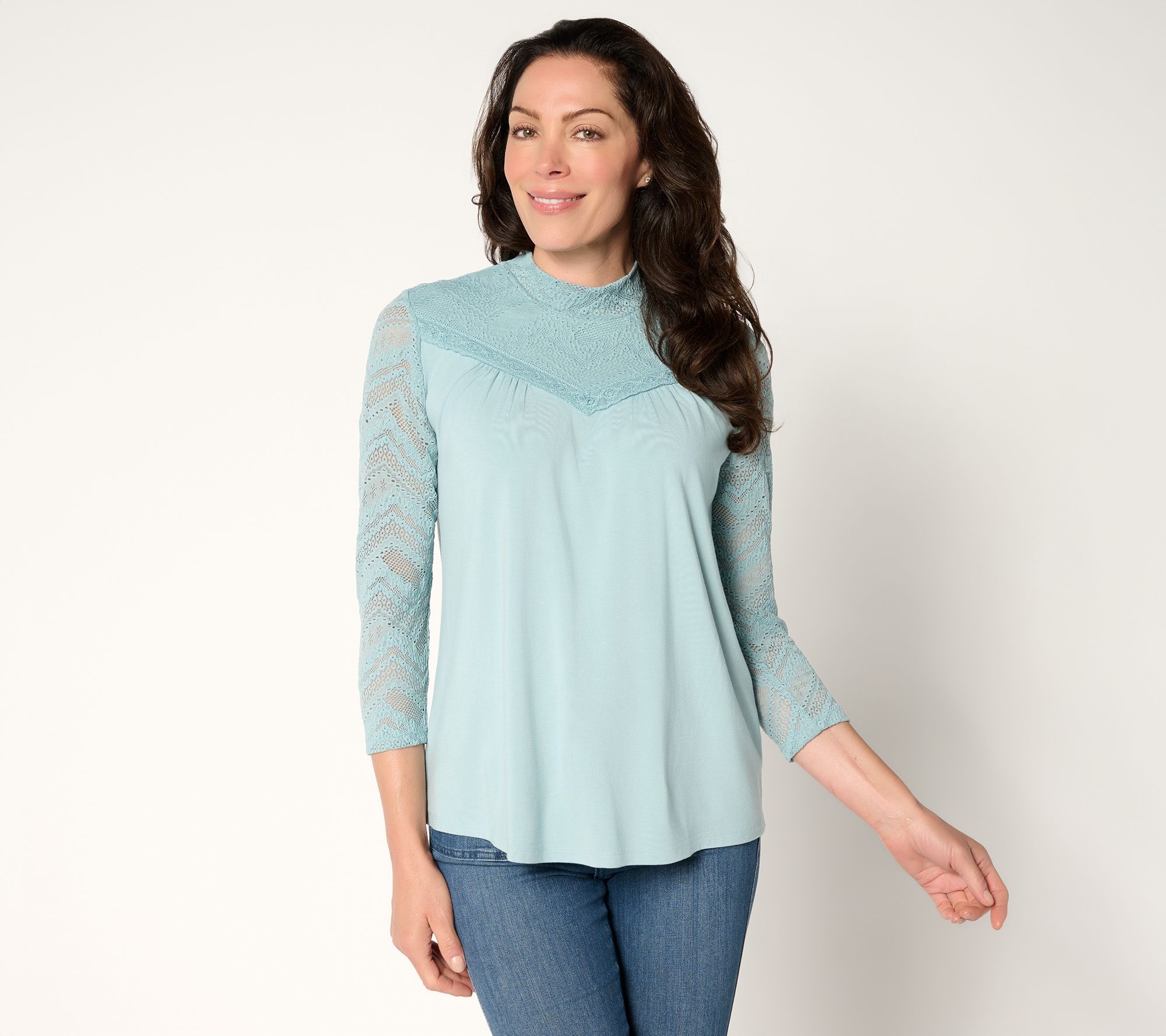 "As Is" LOGO by Lori Goldstein Rayon 230 Mock Neck Top with Lace