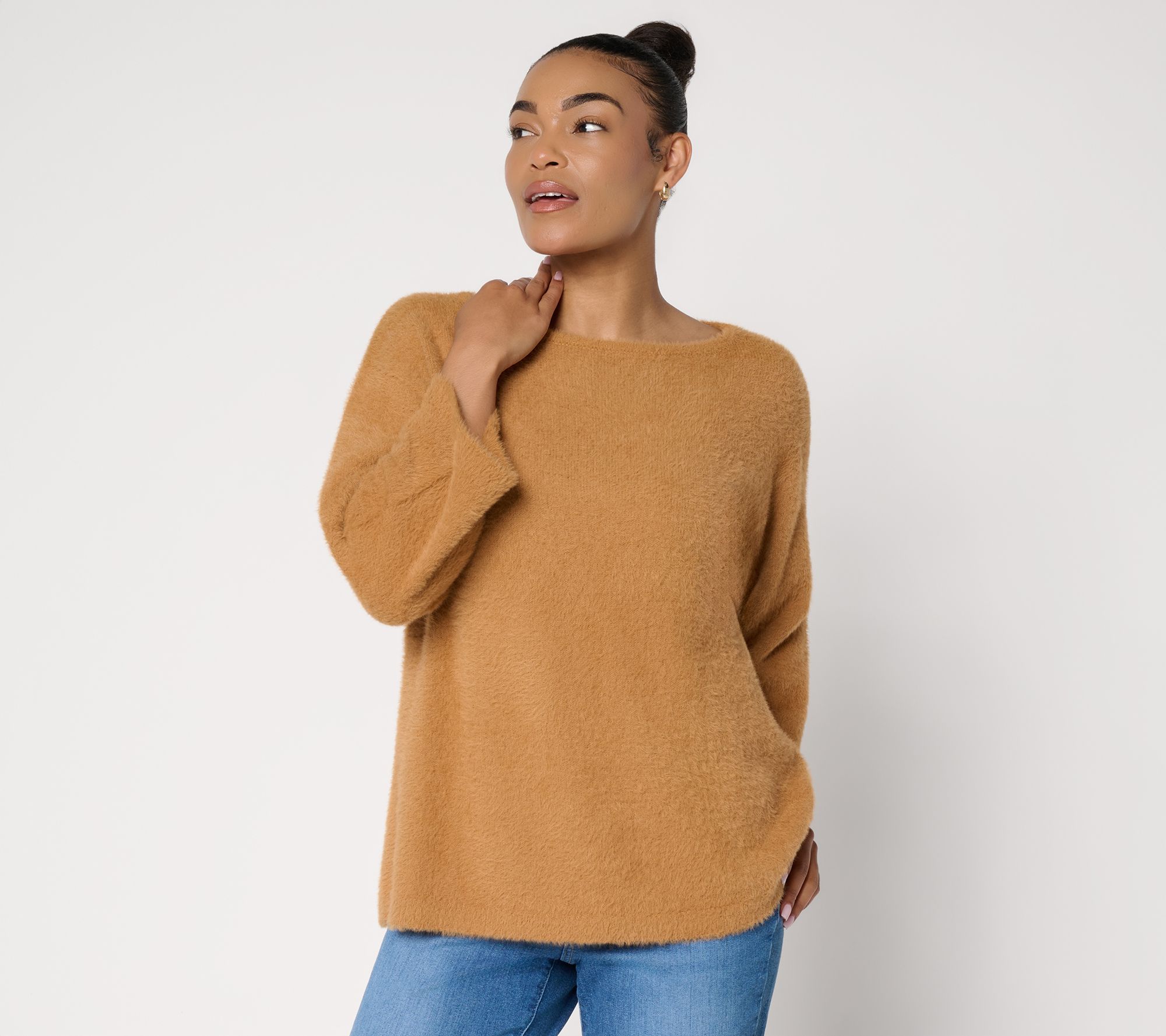Peace Love World Fuzzy Boat Neck Elbow Sleeve Sweater