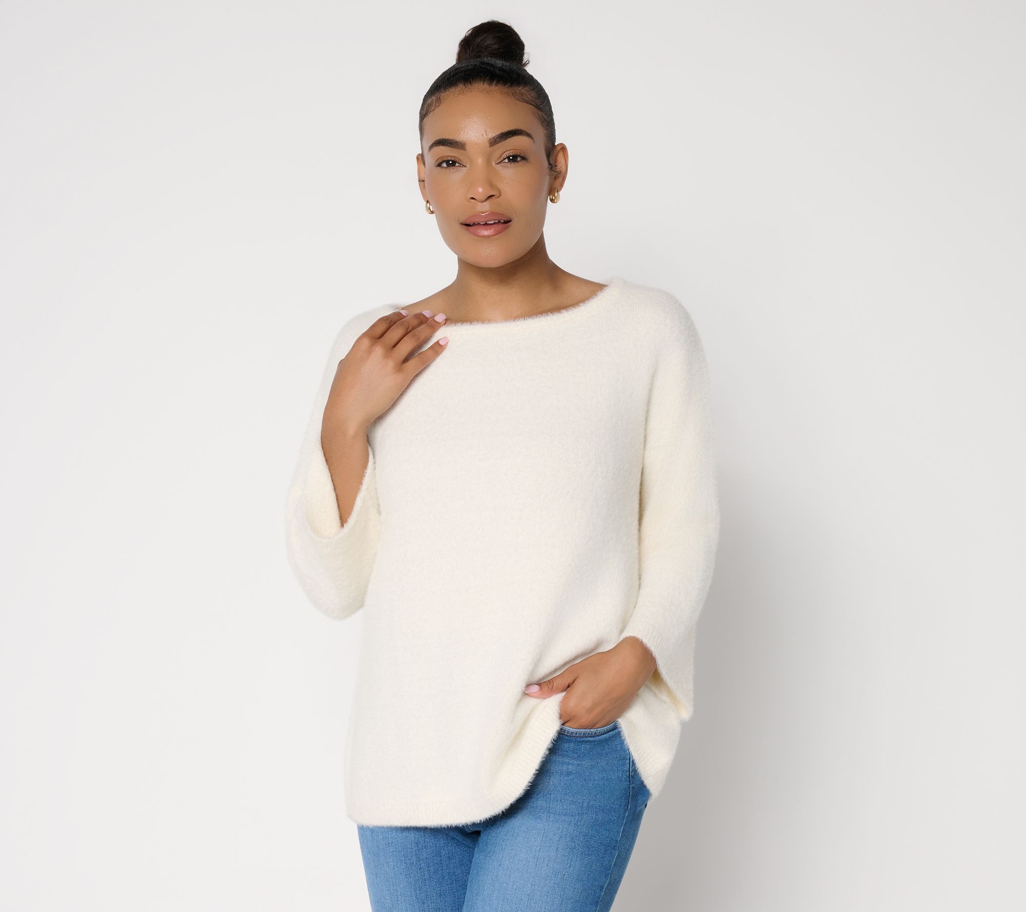 Peace Love World Fuzzy Boat Neck Elbow Sleeve Sweater