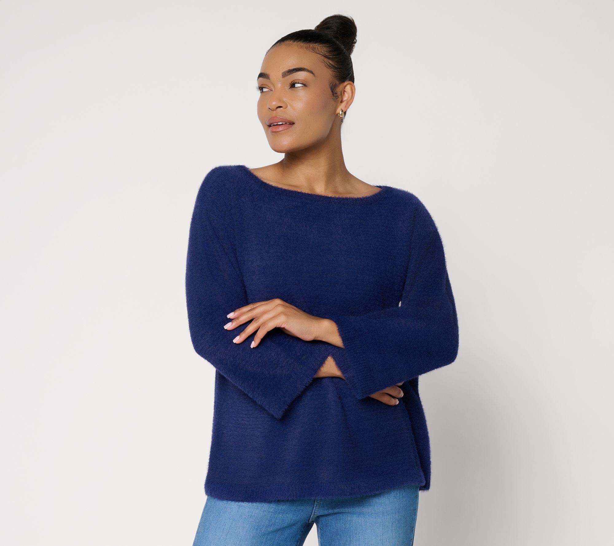 Peace Love World Fuzzy Boat Neck Elbow Sleeve Sweater