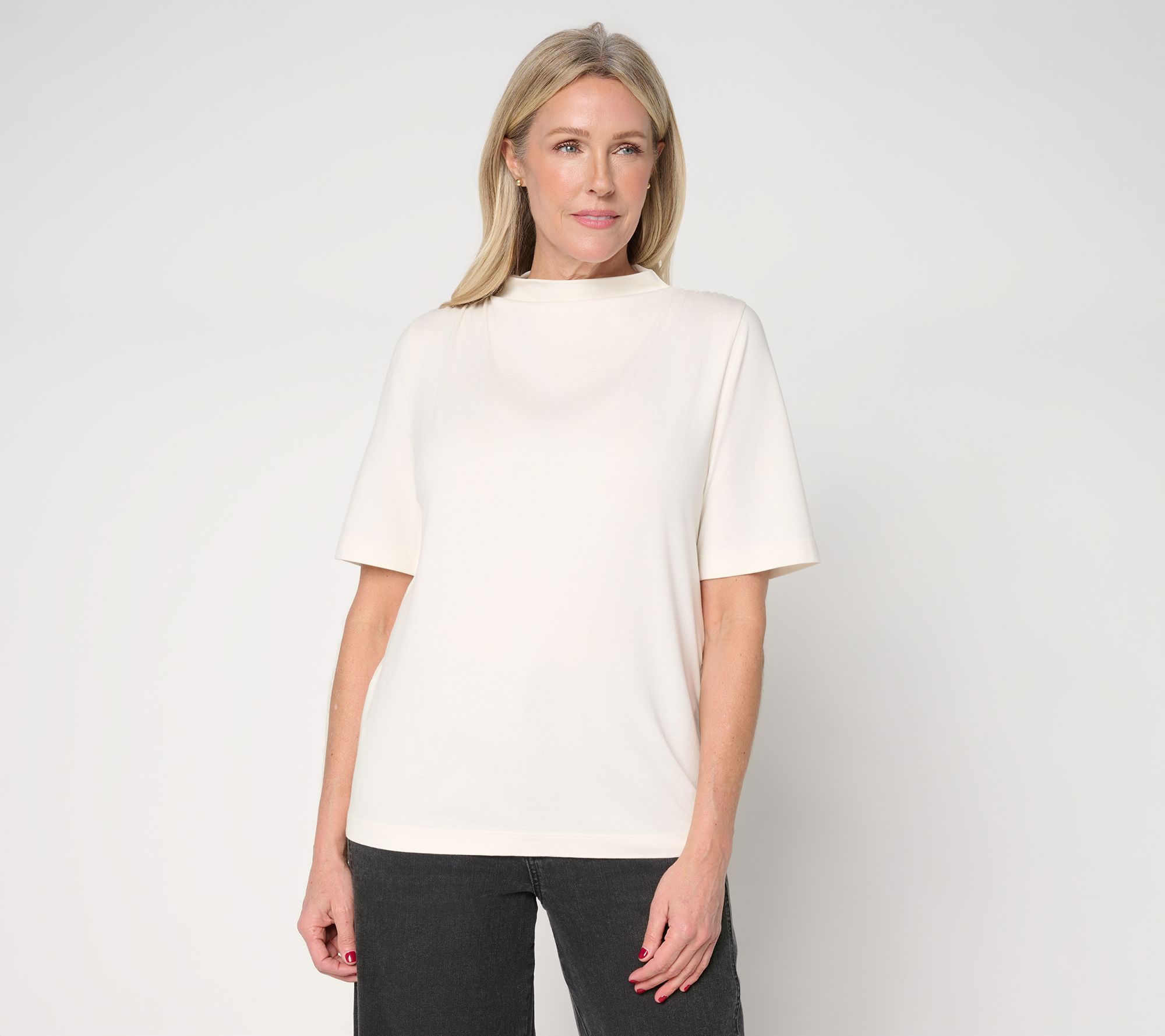 "As Is" Peace Love World Shirred Shoulder Funnel Neck Tee