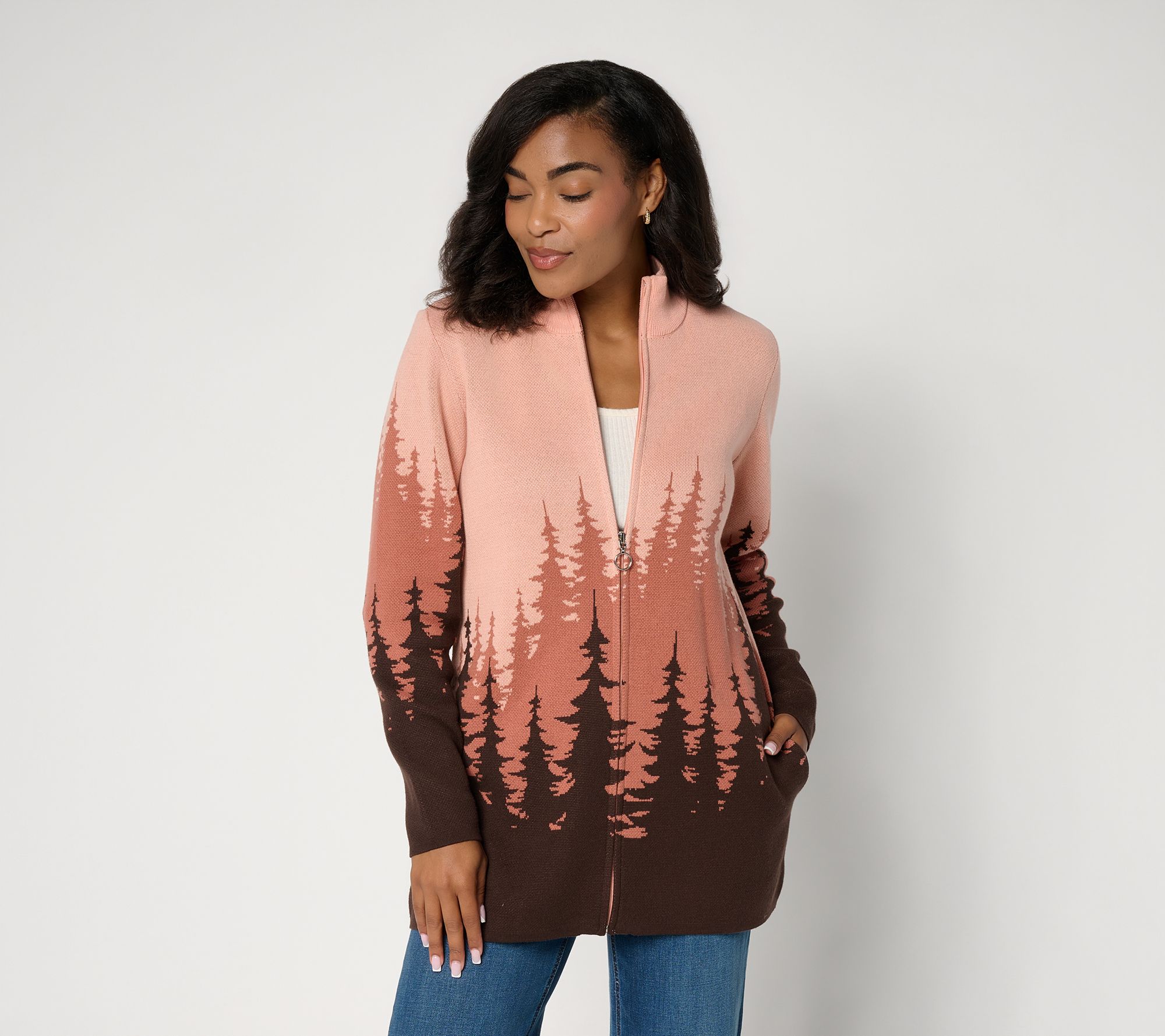 Denim & Co. Regular Zip -Front Scenic Cardigan w/ Stand Collar
