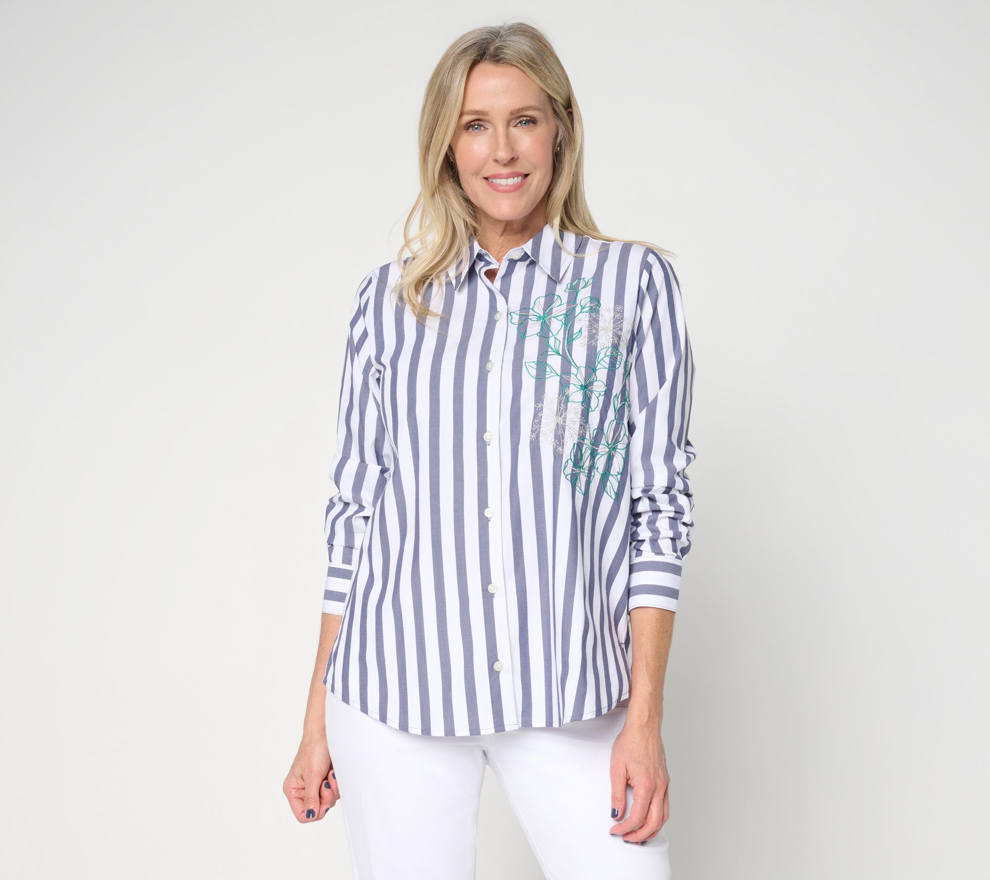 "As Is" Women with Control Striped and Embroidered Top