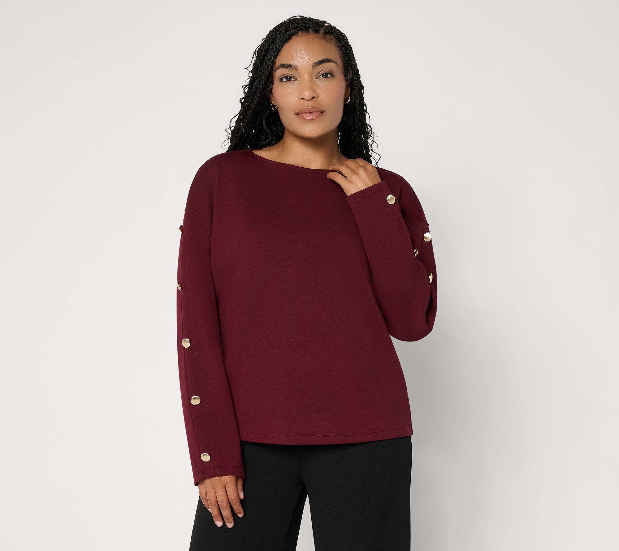Dennis Basso Air Luxe Knit Top w/ Button Detail at Sleeve