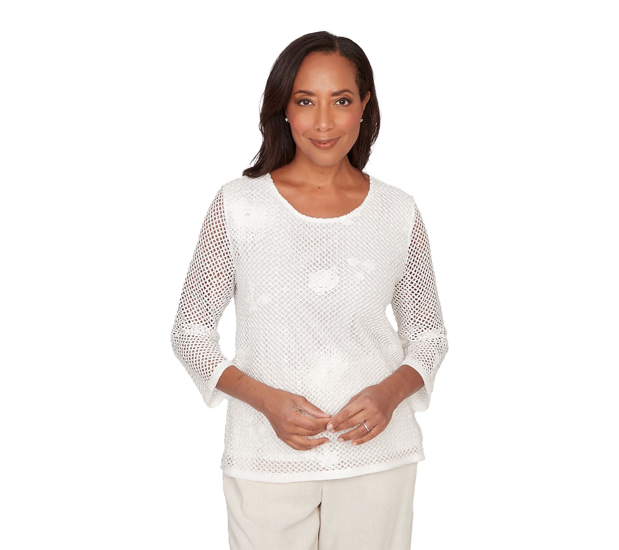 Alfred Dunner Women's Sequin Mesh Flower Top