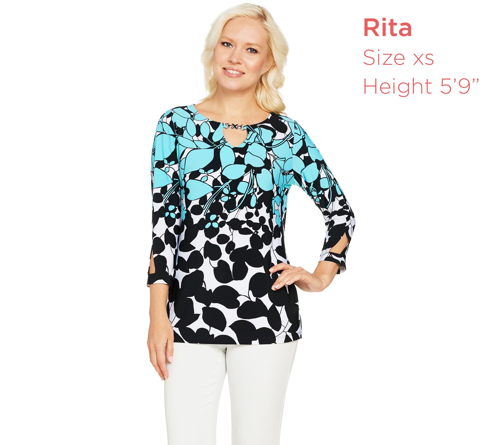 Susan Graver Printed Liquid Knit Top with Keyhole Trim - QVC.com