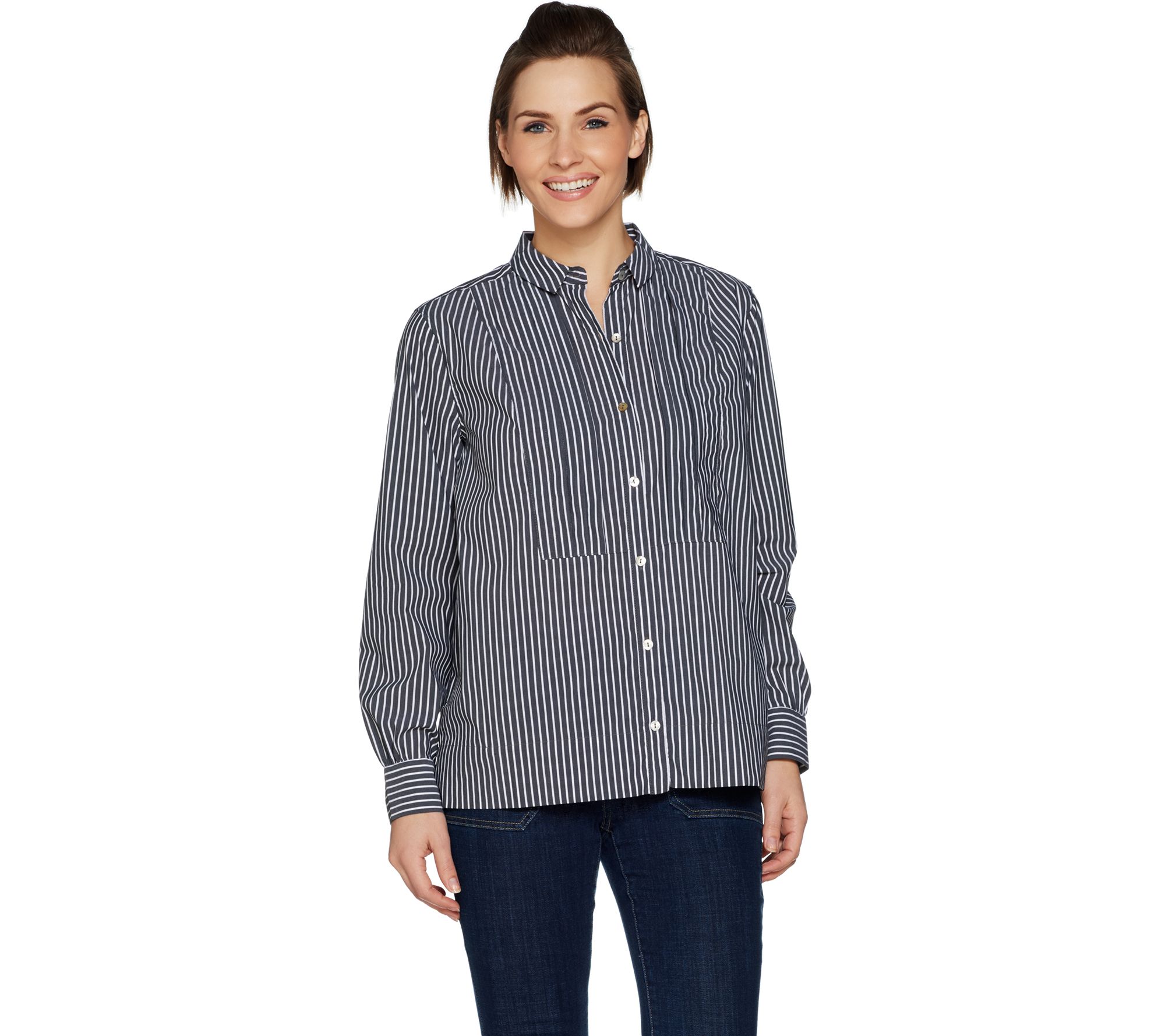 LOGO by Lori Goldstein Woven Striped Shirt with - A297091