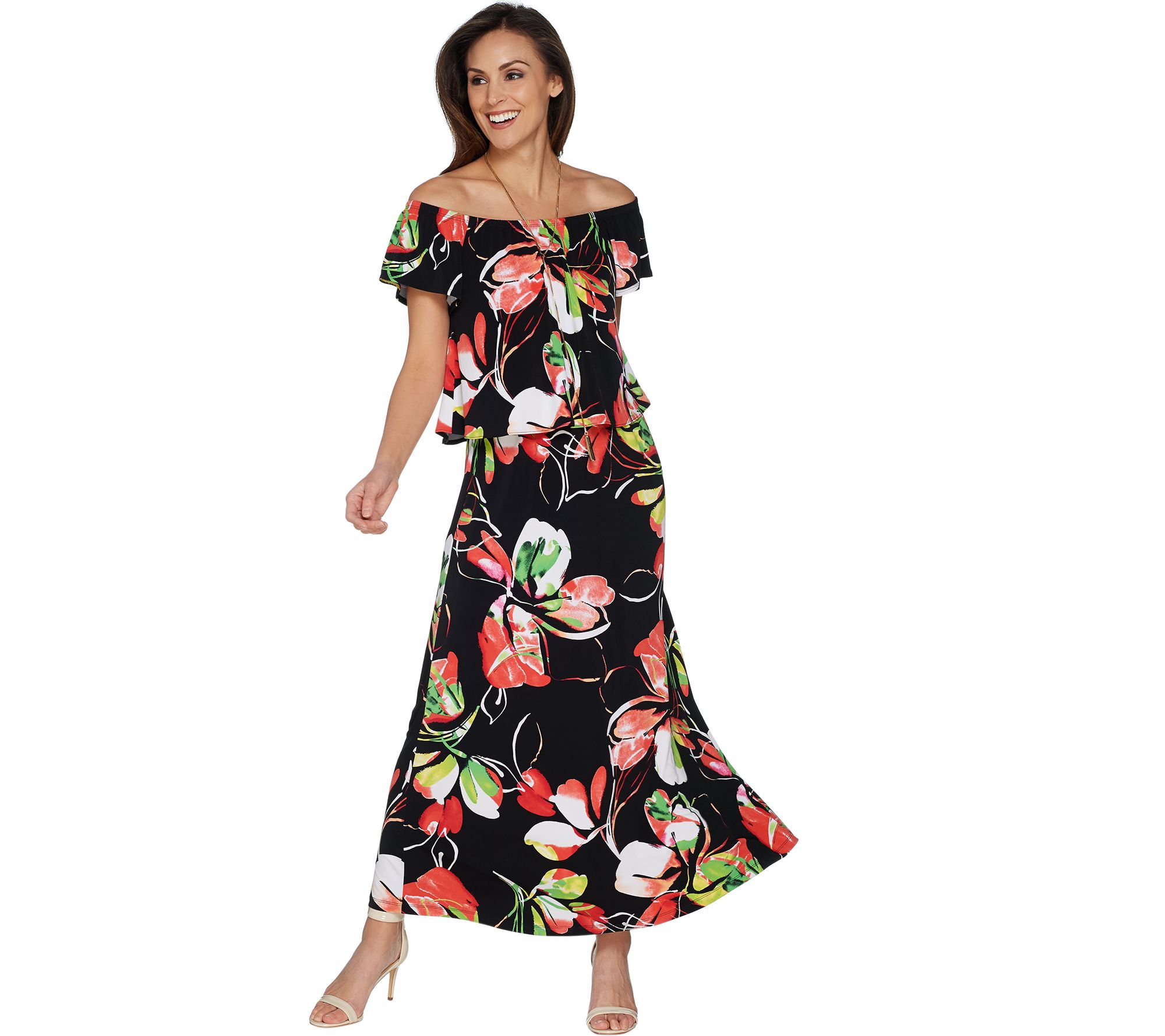 susan graver printed liquid knit elbow sleeve dress