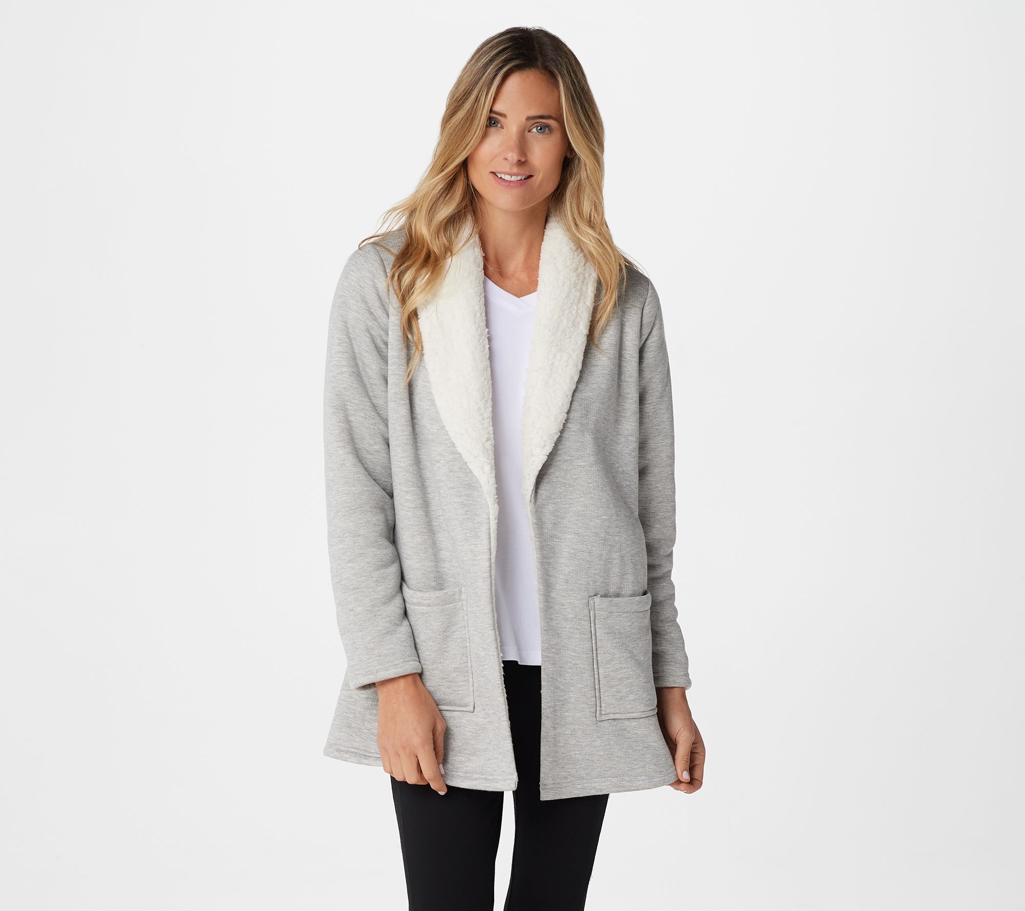 Denim & Co. Active Jersey Bonded w/ Sherpa Open Front Cardigan - QVC.com