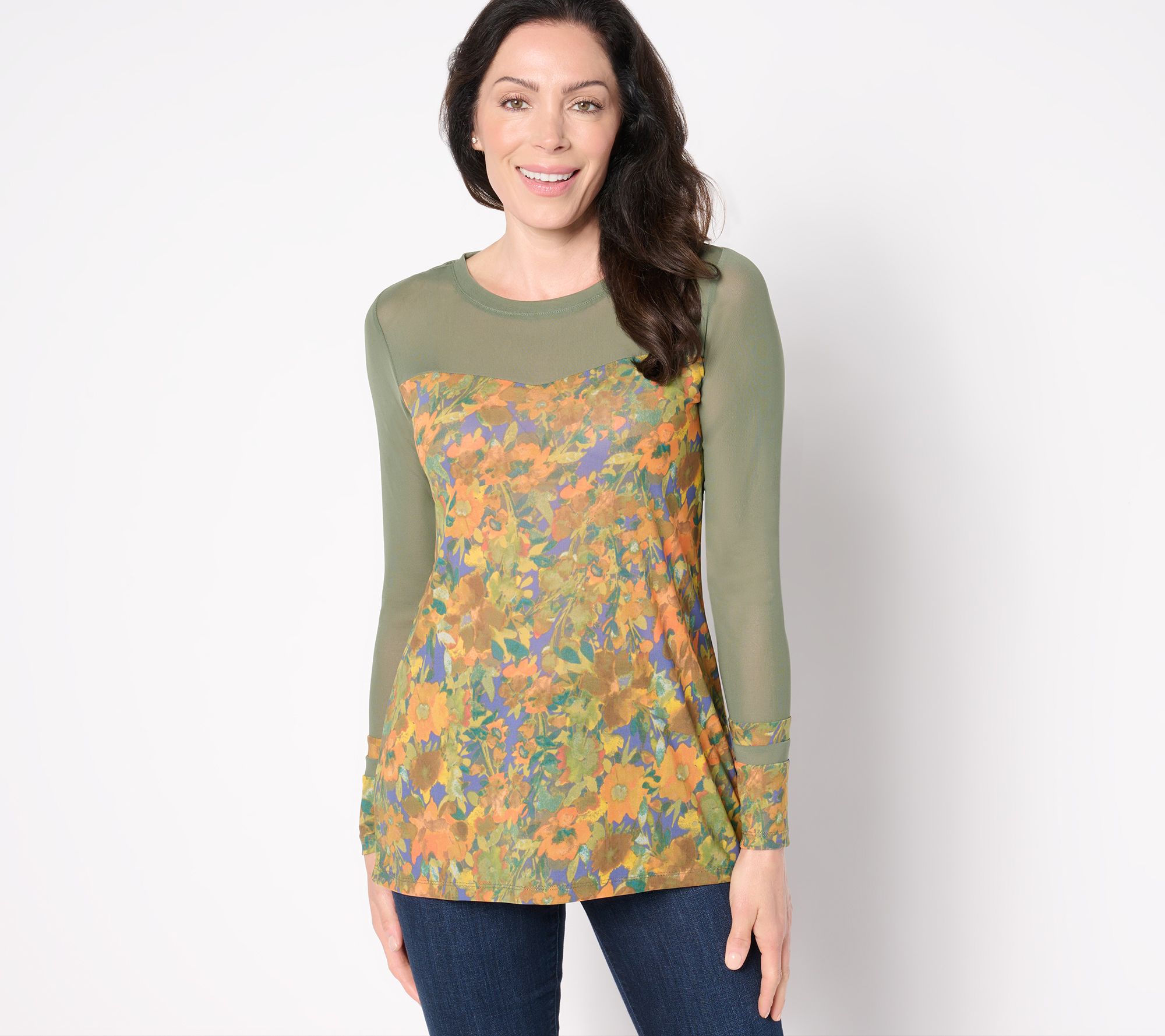 LOGO Layers by Lori Goldstein Printed Sheer Mesh Top with Solid Details