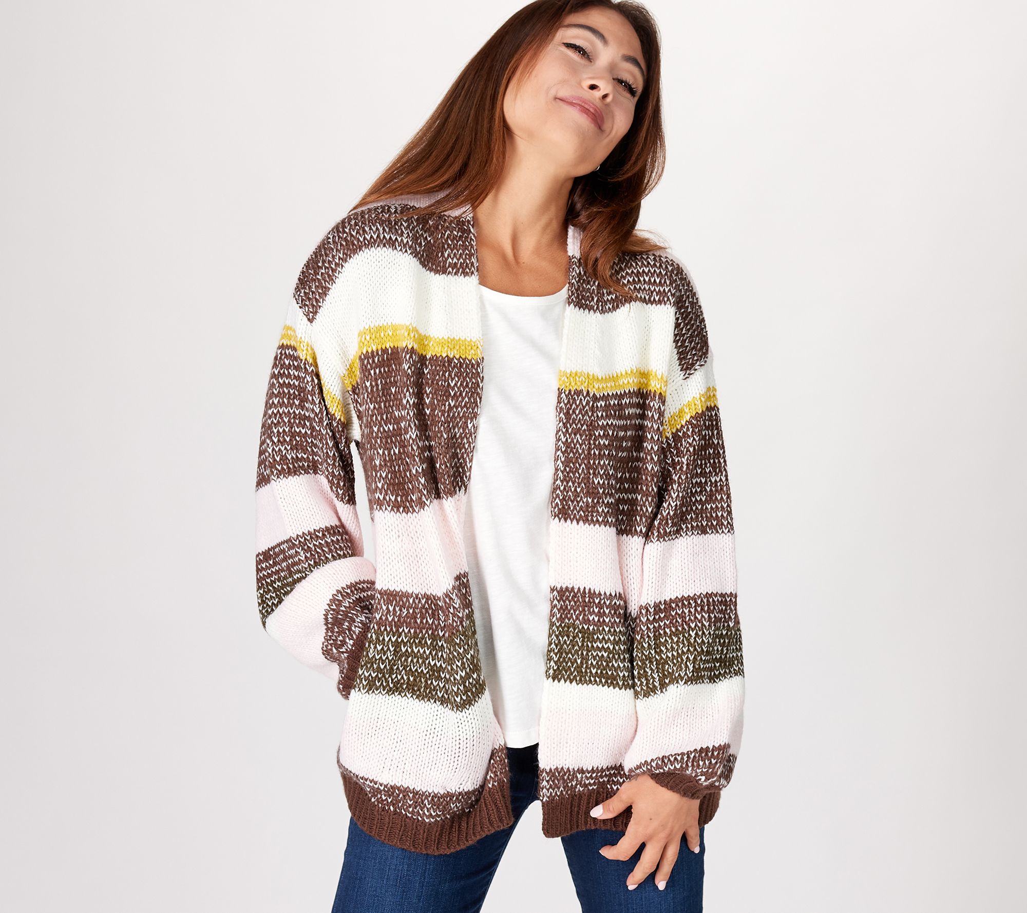Candace Cameron Bure Striped Balloon Sleeve Cardigan