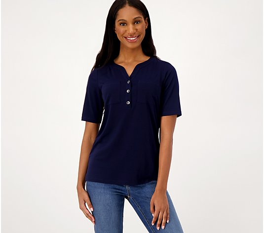 Susan Graver Liquid Knit Elbow Sleeve Henley Top with Pockets