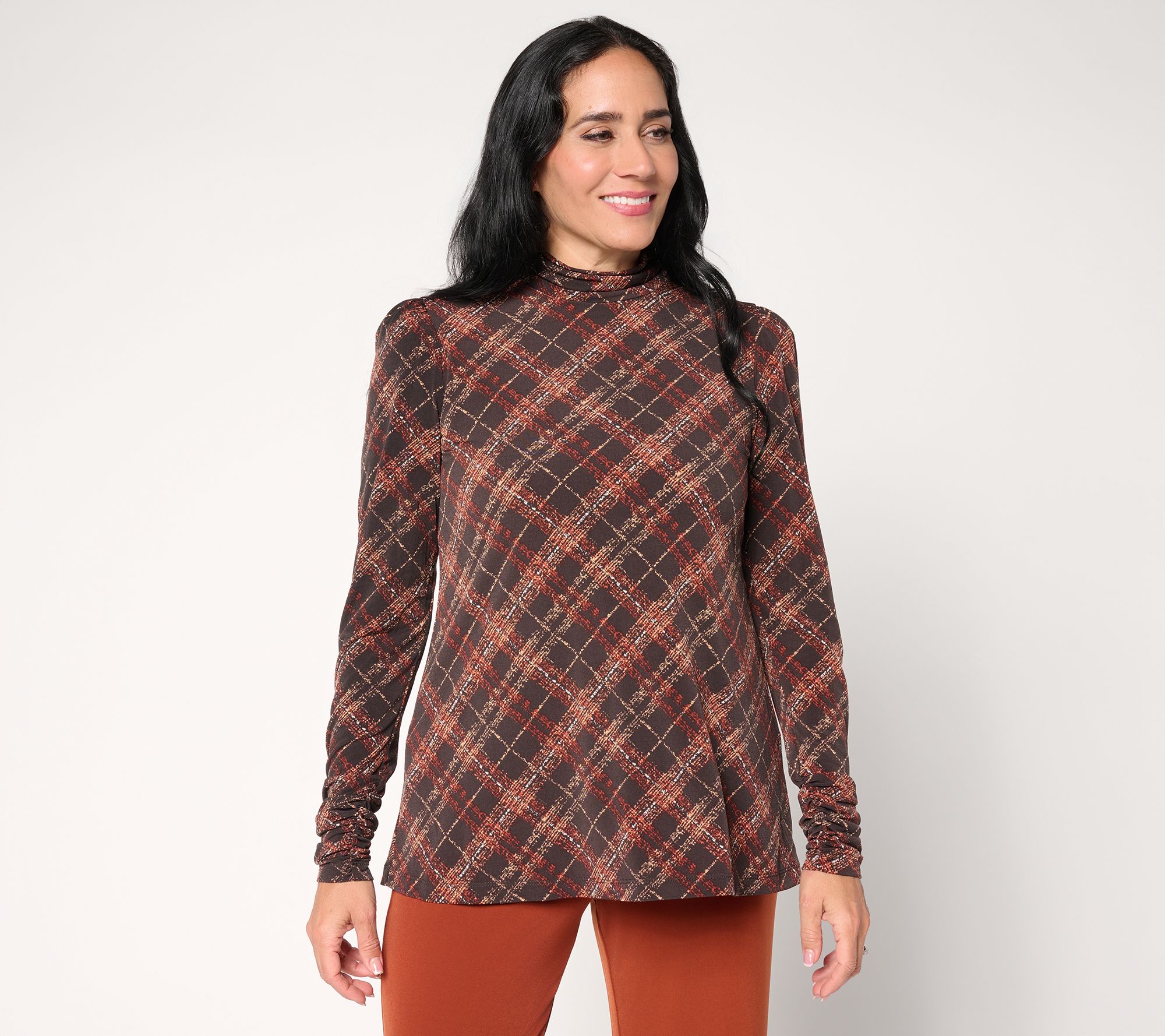 Susan Graver Printed Liquid Knit Mock-Neck A-Line Top Button Trim