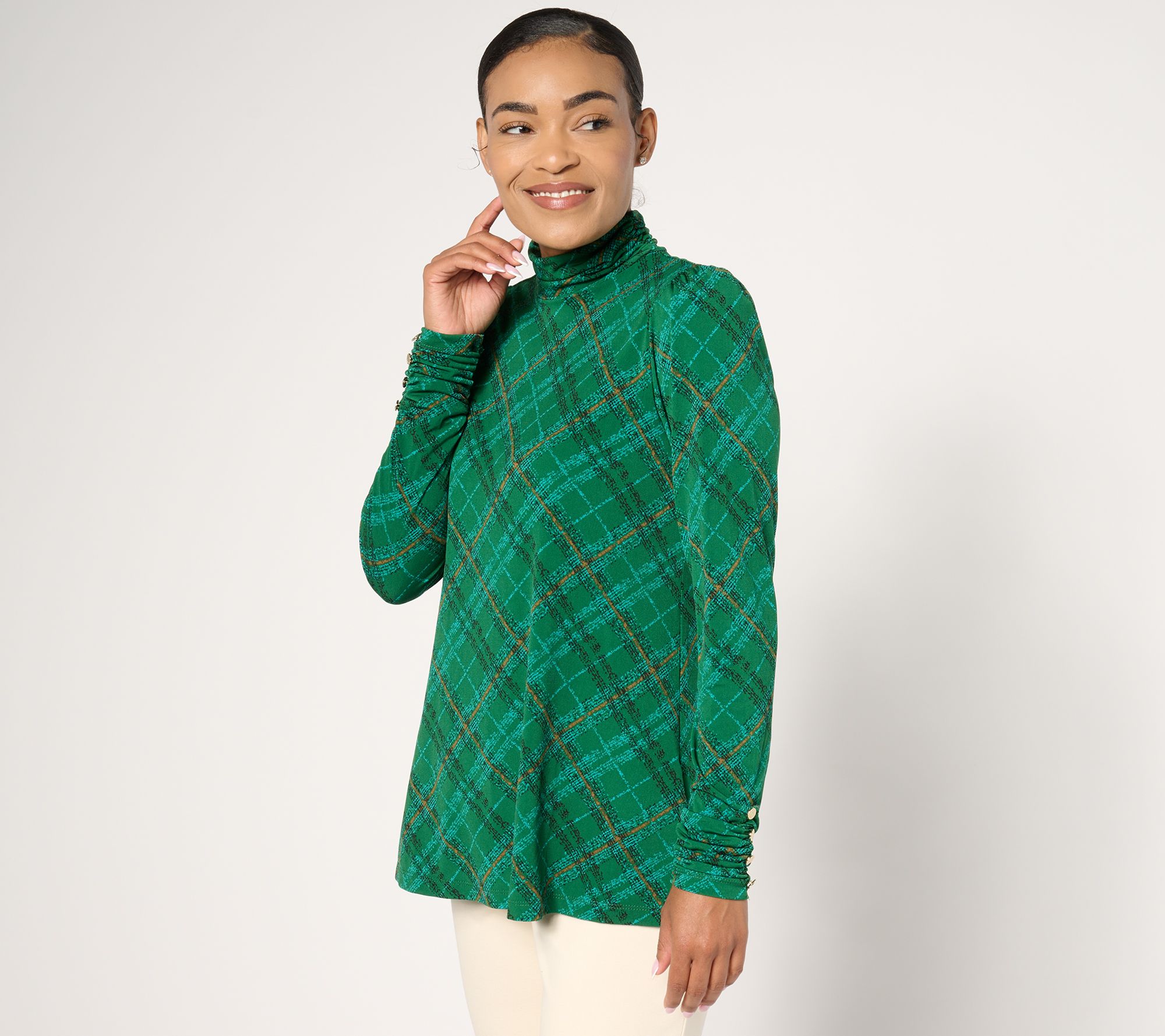 Susan Graver Printed Liquid Knit Mock-Neck A-Line Top Button Trim