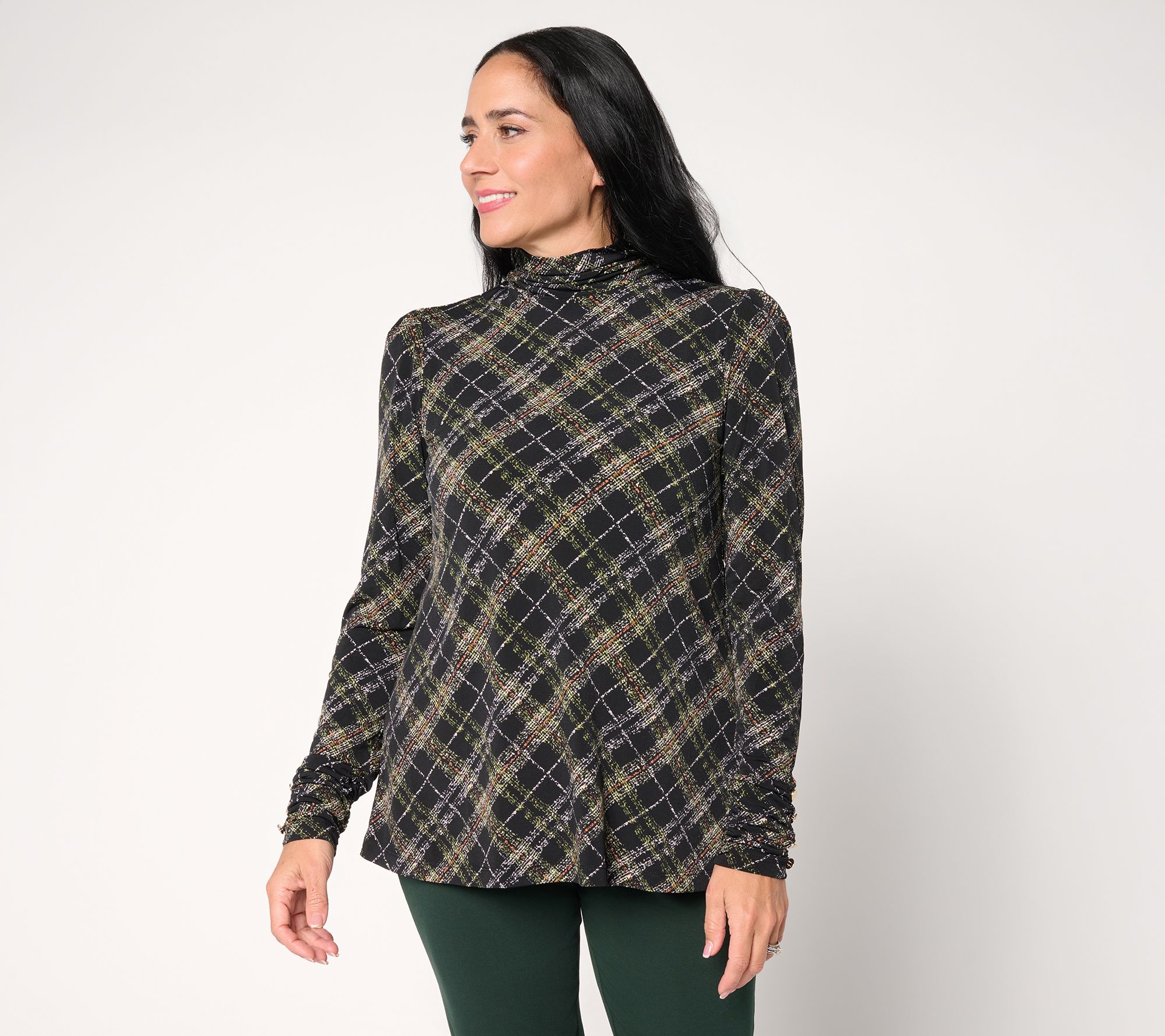 Susan Graver Printed Liquid Knit Mock-Neck A-Line Top Button Trim