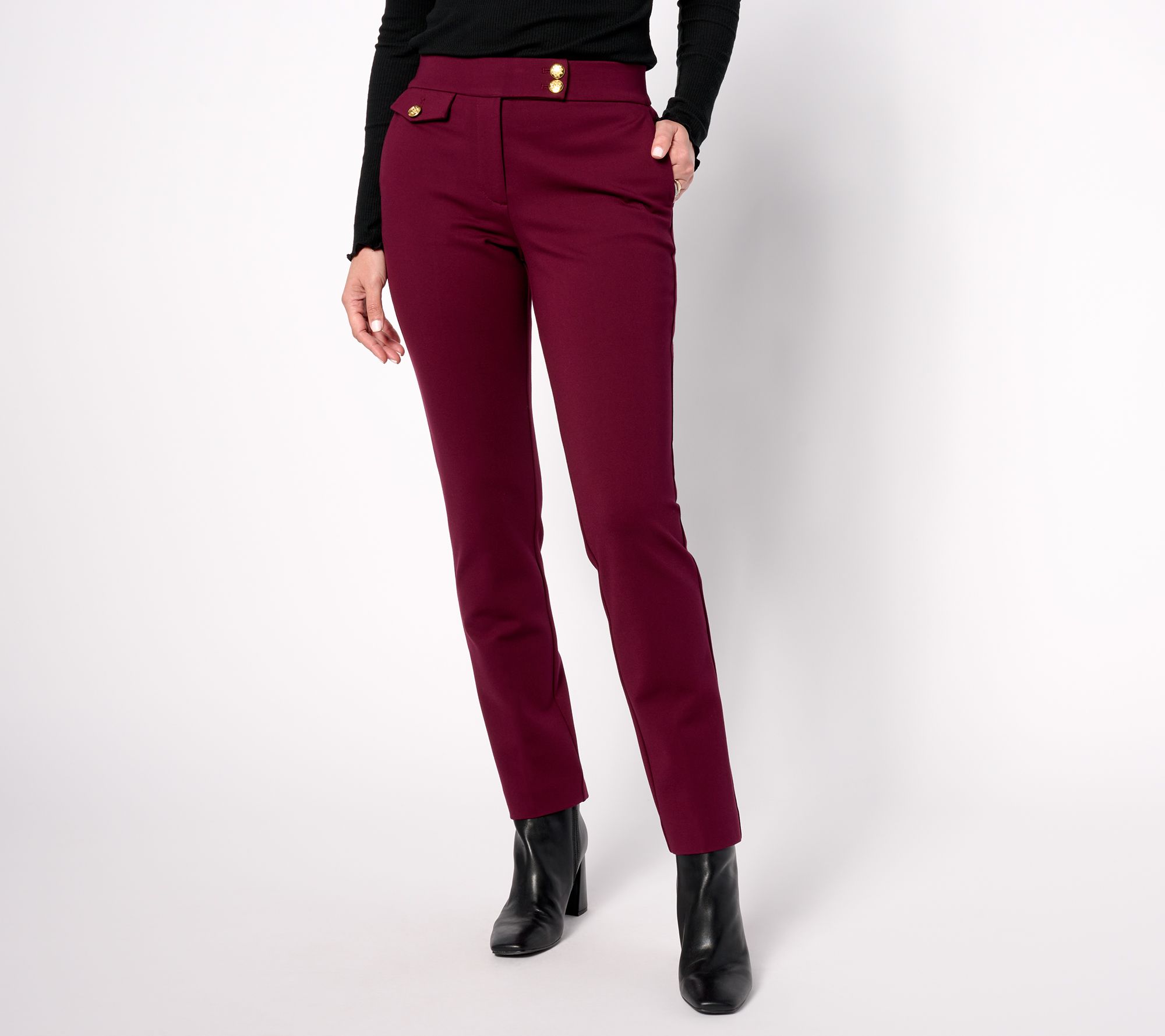 Tailored by Susan Graver Reg Smart Ponte Slim Leg Pants with Button
