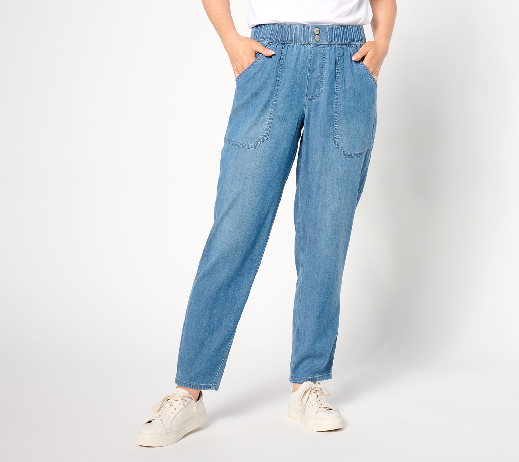 AnyBody Petite Drapey Denim Pull On Pants QVC