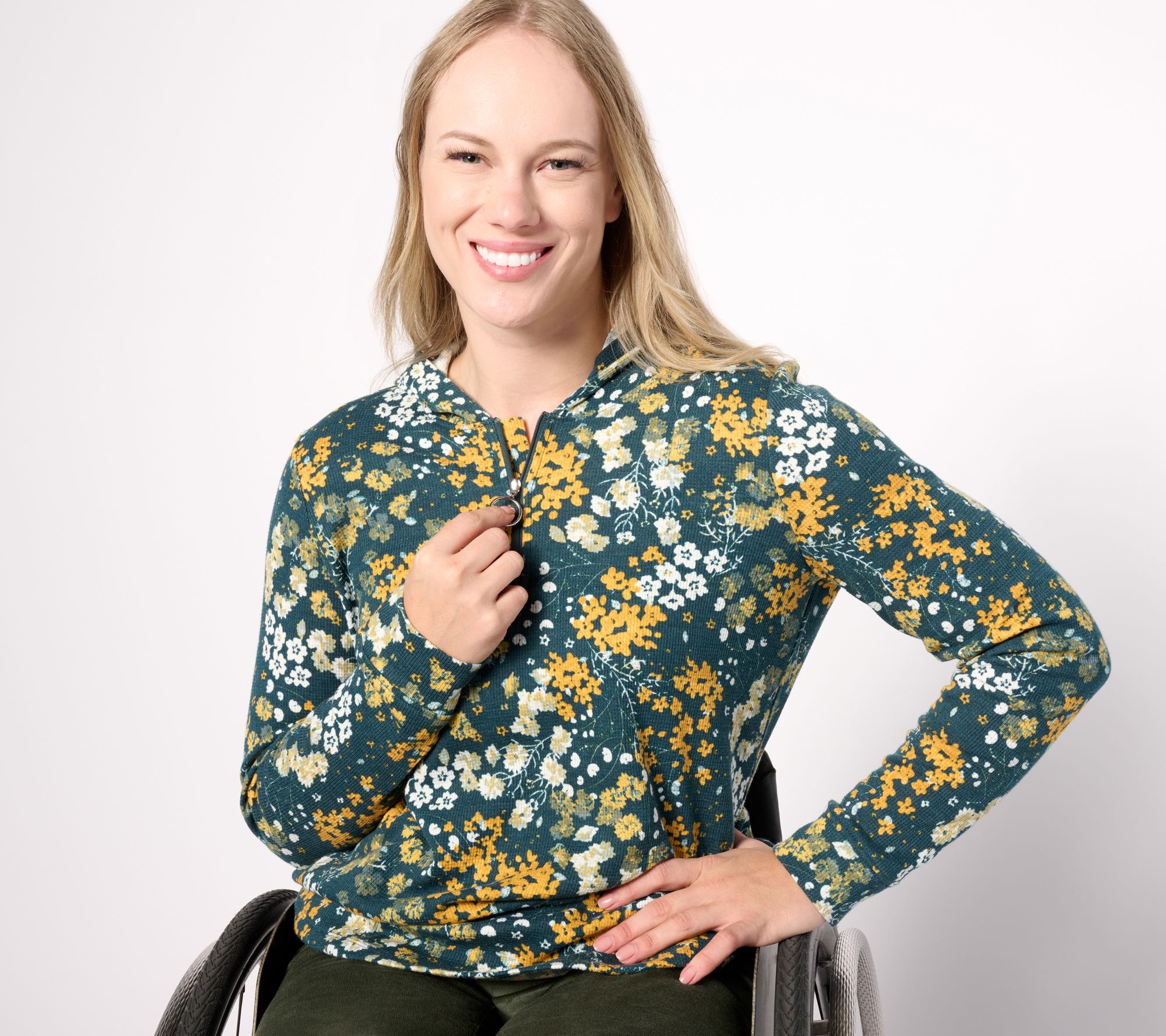 "As Is" Denim & Co. Adaptive Waffle Knit Hooded Long Sleeve Top