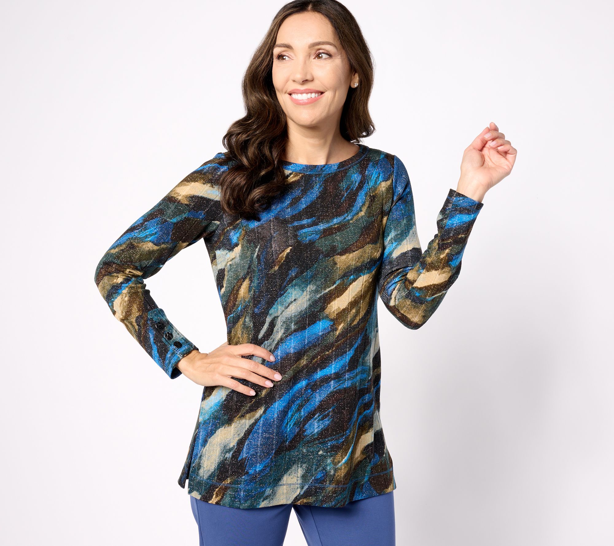 "As Is" Susan Graver Weekend Reg Metallic Knit Button Detailed Tunic