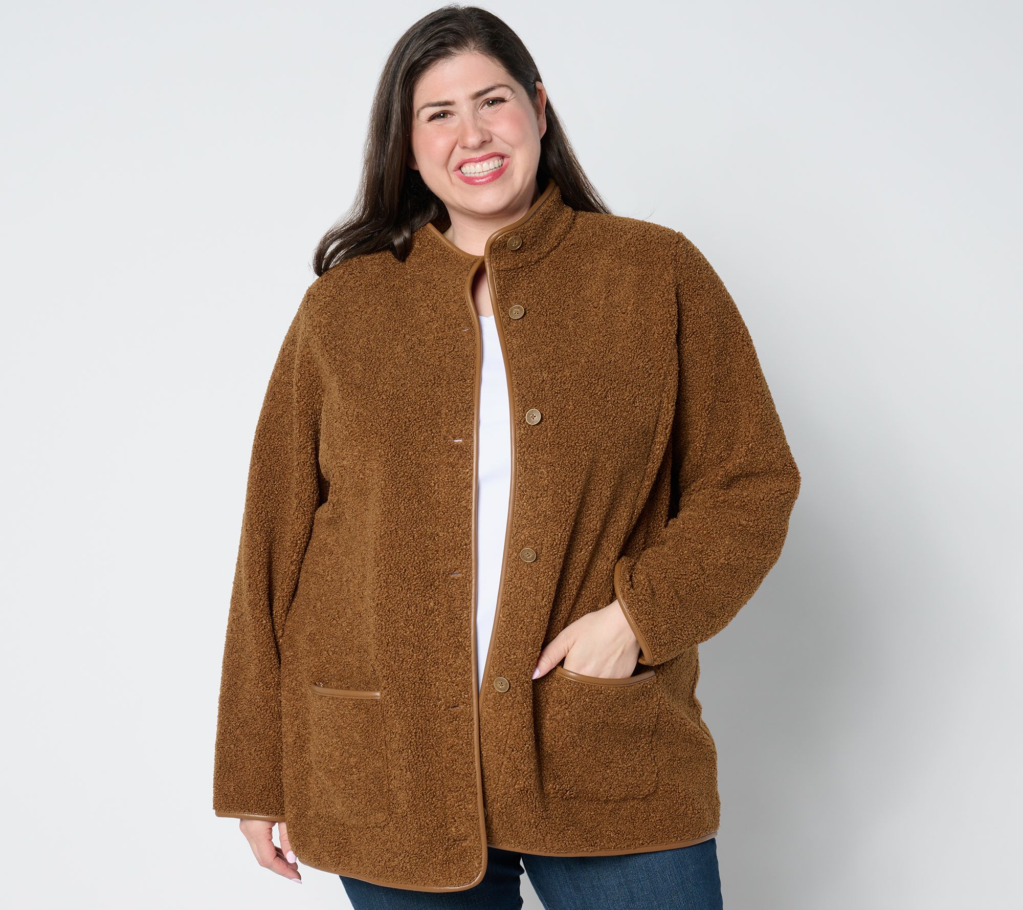  Susan Graver Bonded Fleece Button-Front Jacket w/ Faux Leather Trim - A656891