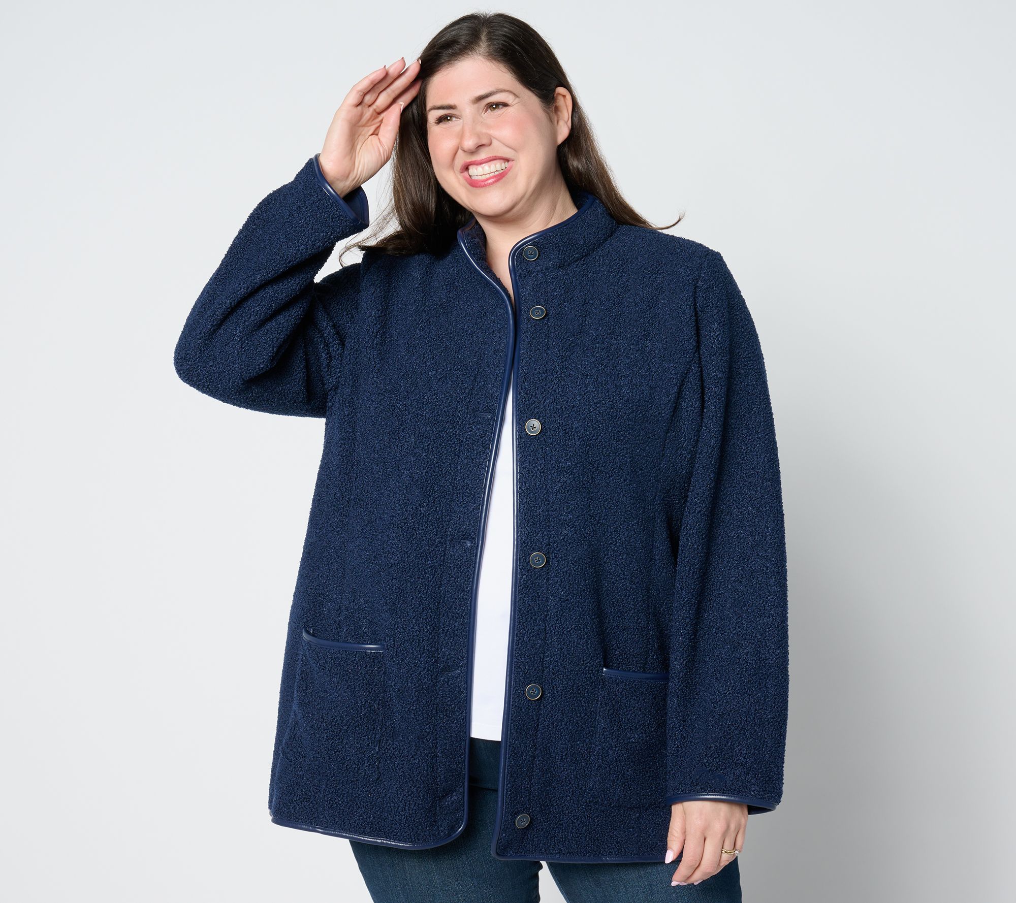 Susan Graver Bonded Fleece Button-Front Jacket w/ Faux Leather Trim