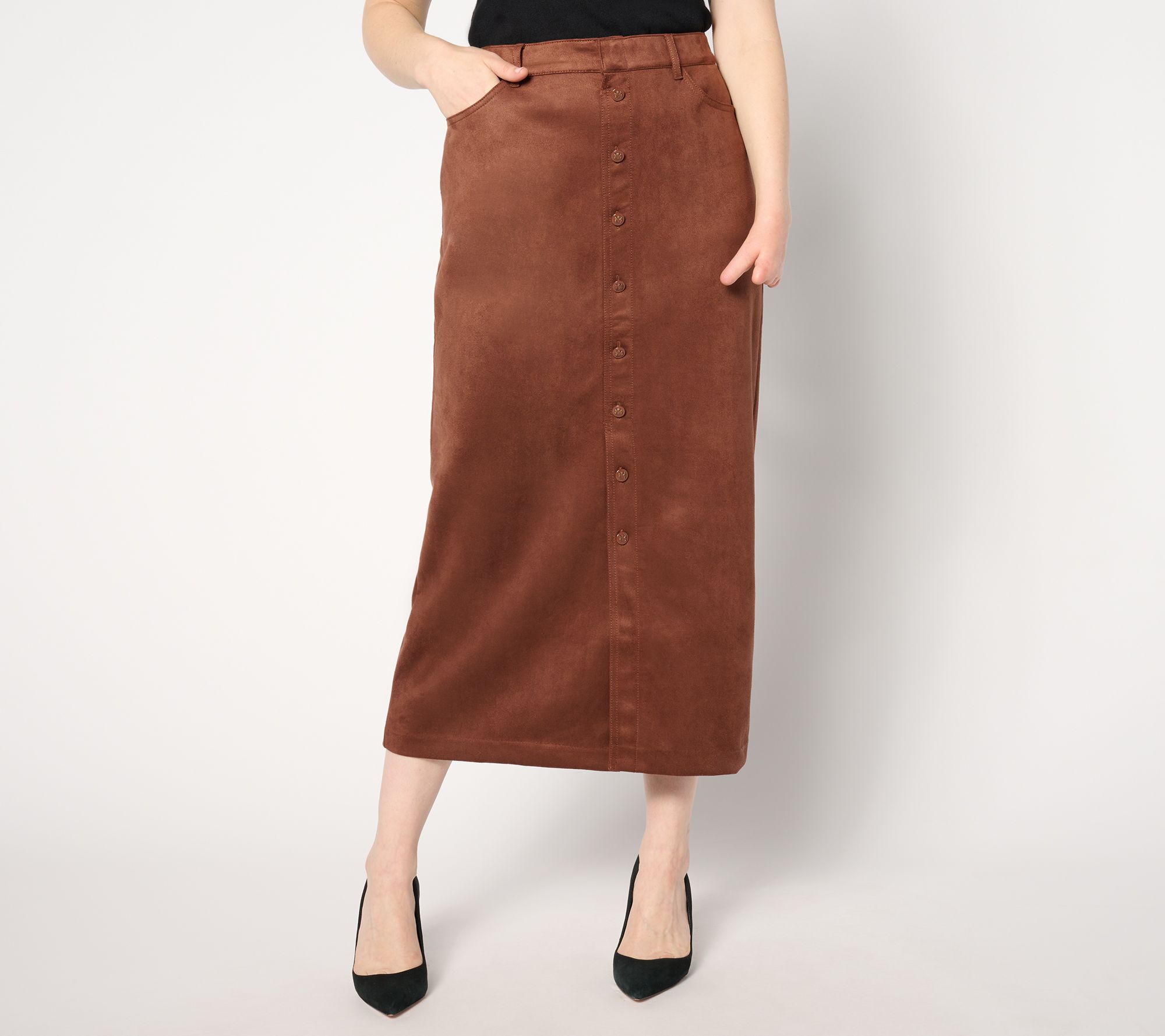 Isaac Mizrahi Live! Tall Estate Stretch Faux Suede Midi Skirt