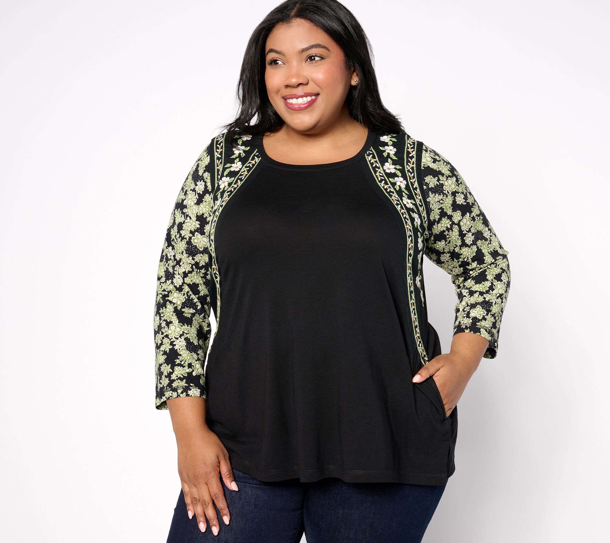 LOGO by Lori Goldstein 3/4 Sleeve Embroidered Print Mix Top