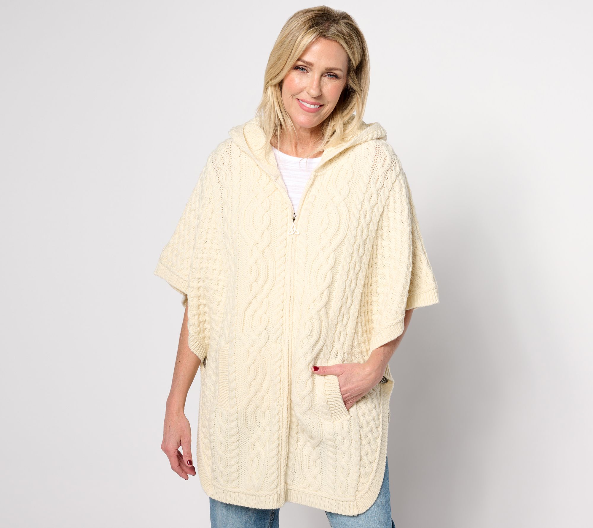 As Is Aran Craft Merino Wool Zip Front Ponchowith Pockets