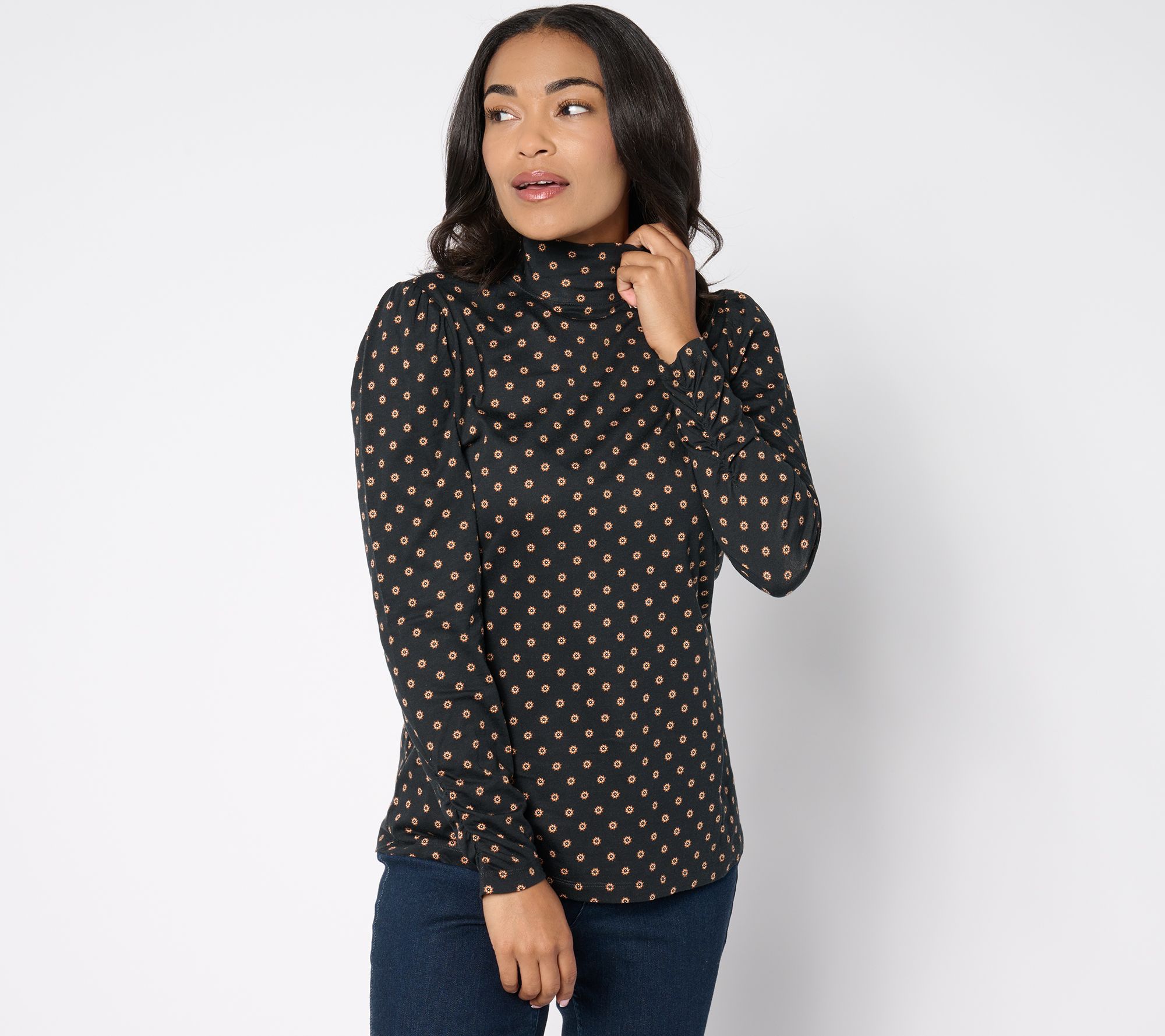 Denim & Co. Printed Modal Turtleneck Top with Shirring Detail - QVC.com