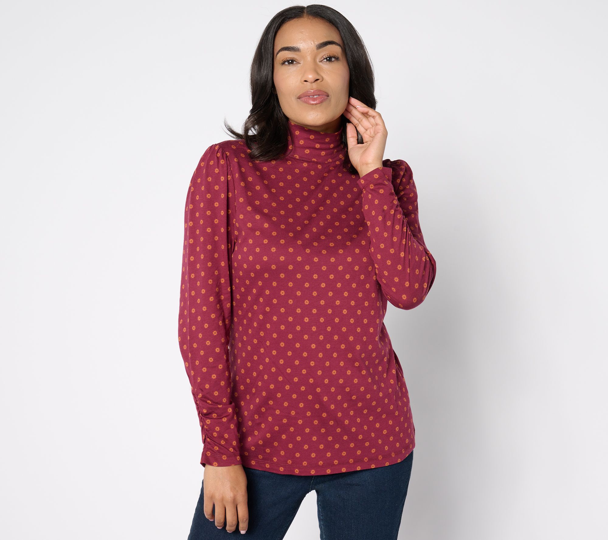 Denim & Co. Printed Modal Turtleneck Top with Shirring Detail