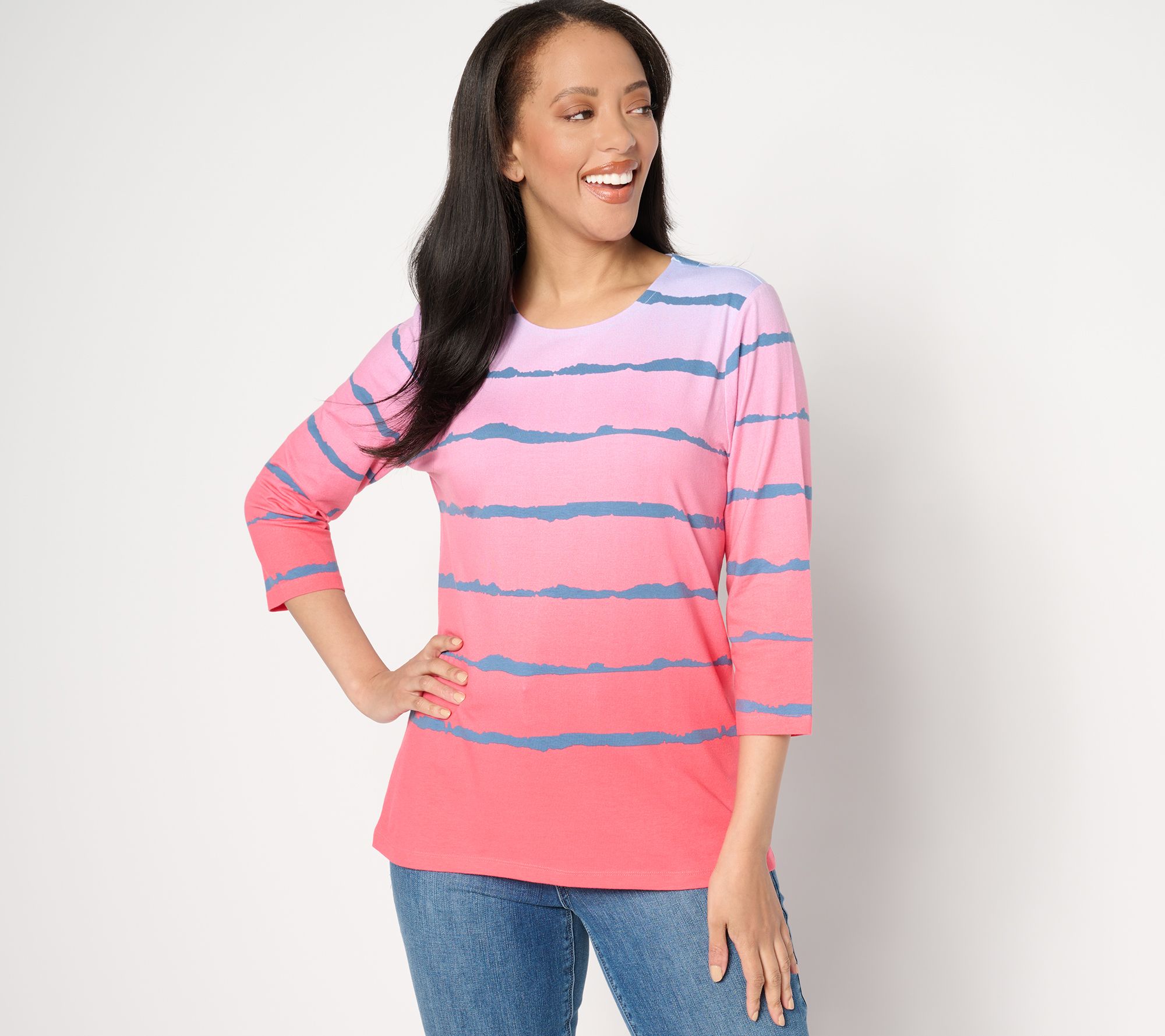 "As Is" Denim & Co. Americana Texture Knit Ombre Striped 3/4 Sleeve Top