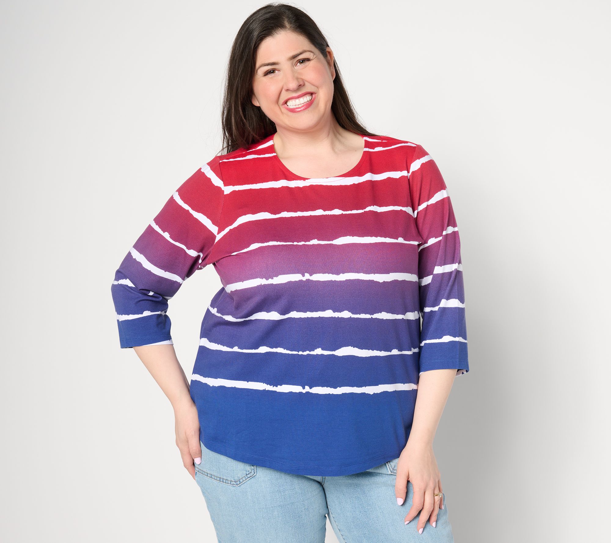 "As Is" Denim & Co. Americana Texture Knit Ombre Striped 3/4 Sleeve Top
