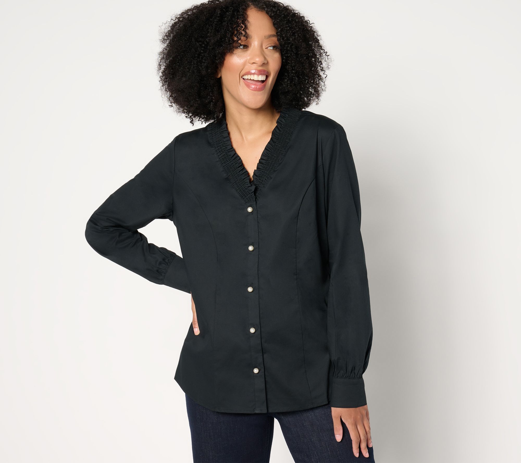 Denim & Co. Signature Poplin Ruffle V-Neck Shirt w/ Buttons