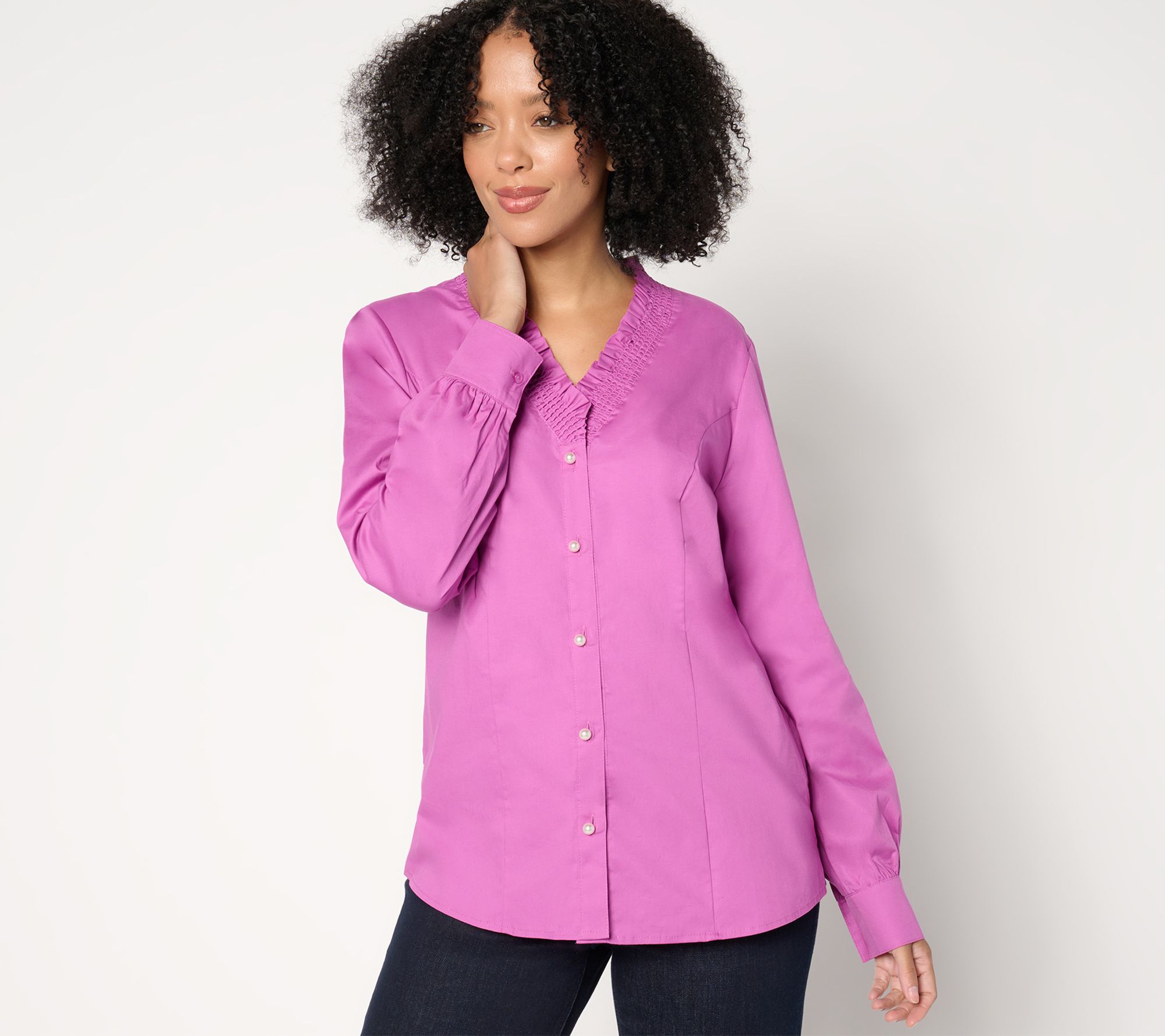 Denim & Co. Signature Poplin Ruffle V-Neck Shirt w/ Buttons