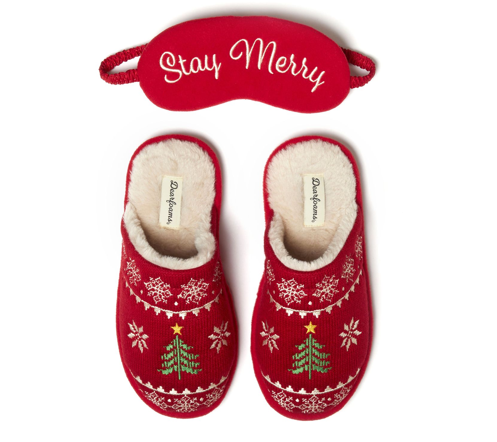 Dearfoams Women's Christmas Knit Scuff Slipperwith Eyemask