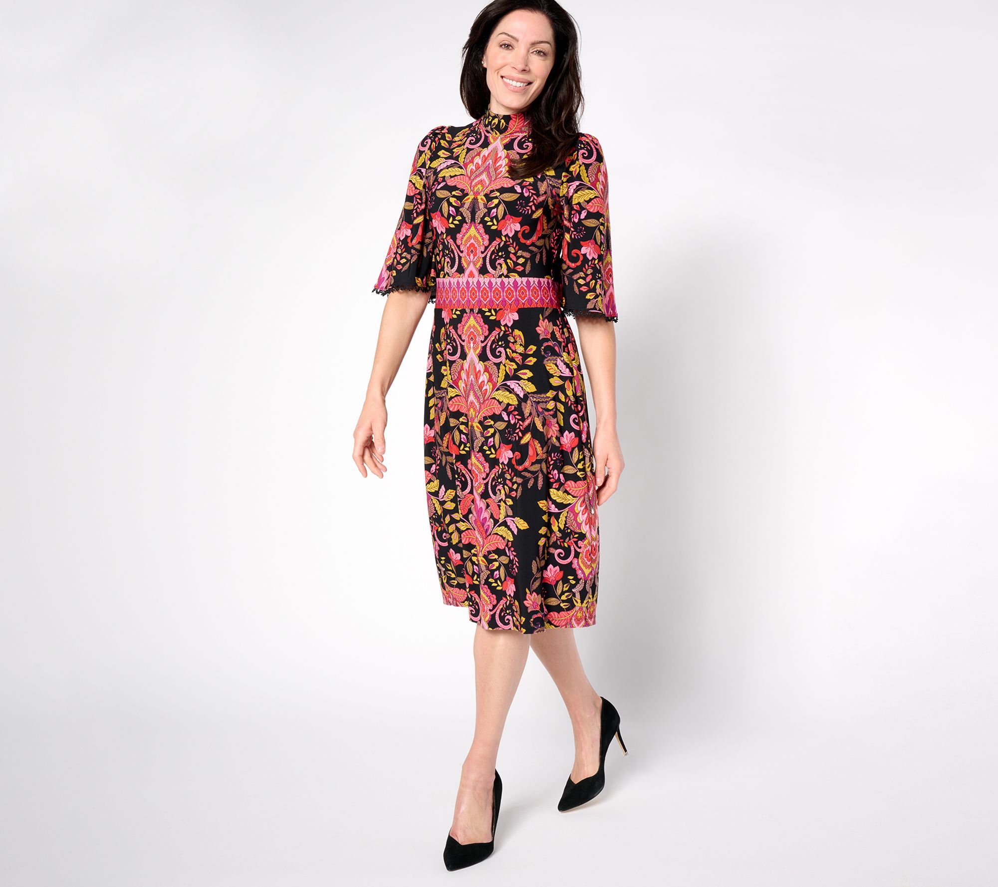 Susan Graver Regular Printed Liquid Knit Mock Neck Midi Dress