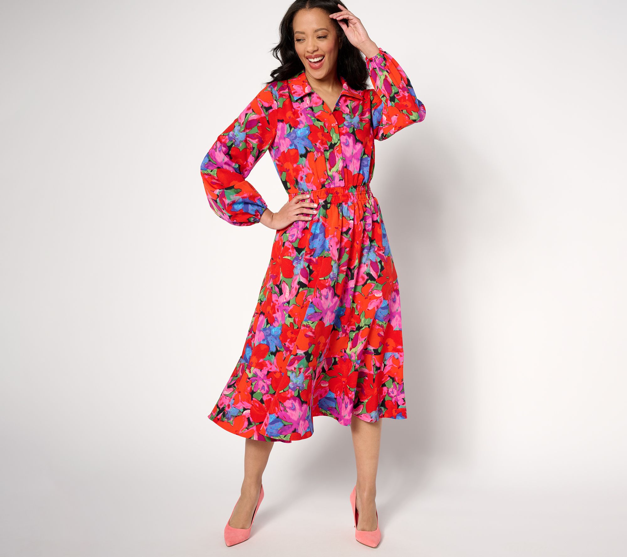 "As Is" Isaac Mizrahi Live! Petite Printed Stretch Crepe Midi Dress