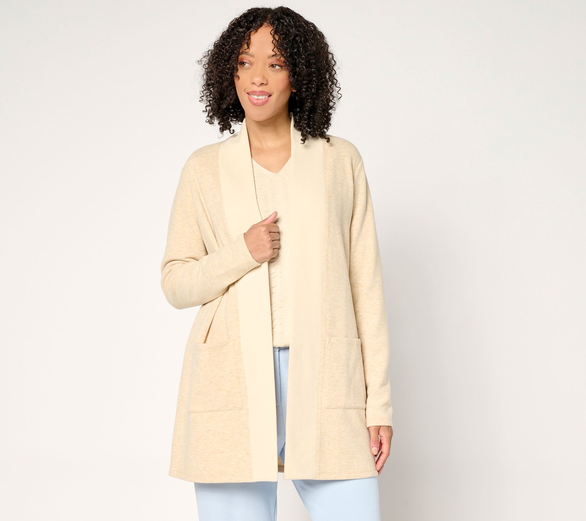 Joan Rivers Petite Double Knit Open Front 2-Tone Cardigan