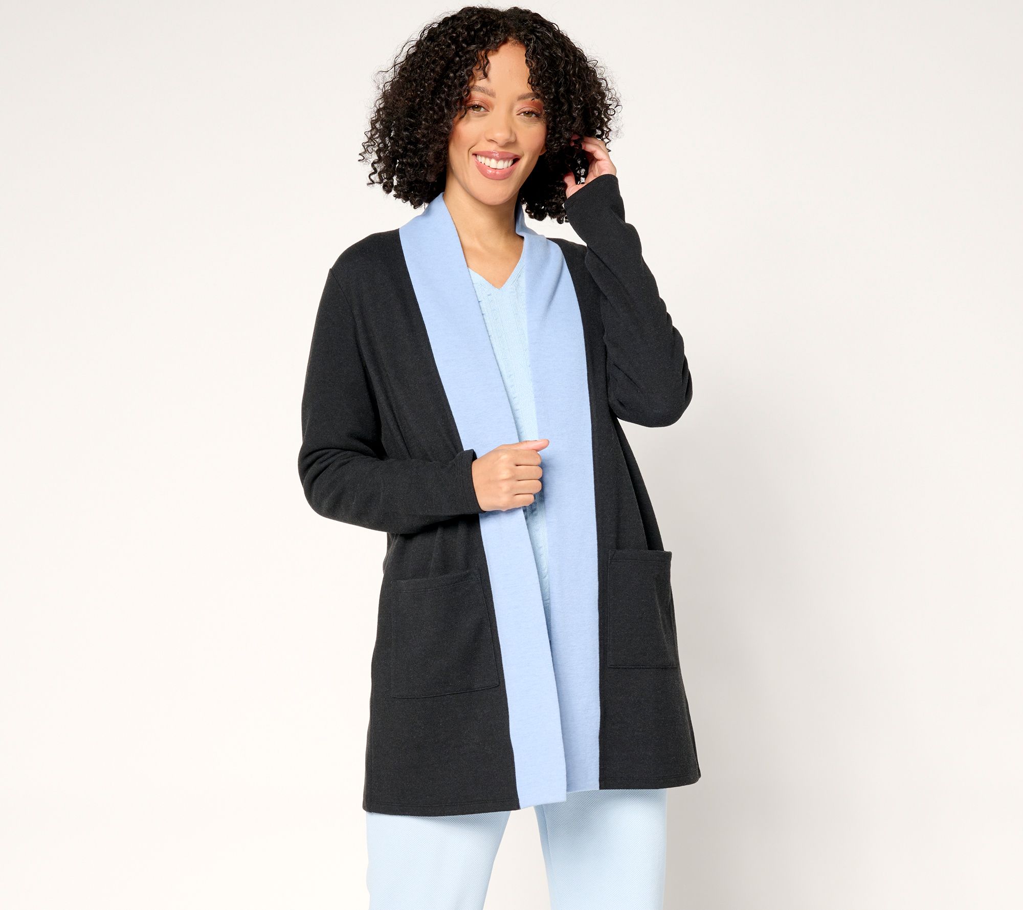 Joan Rivers Petite Double Knit Open Front 2-Tone Cardigan