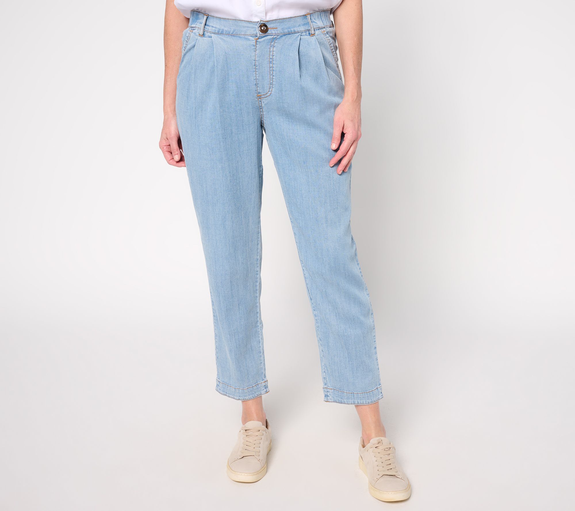 AnyBody Petite Drapey Denim Pull On Tapered Ankle Pants