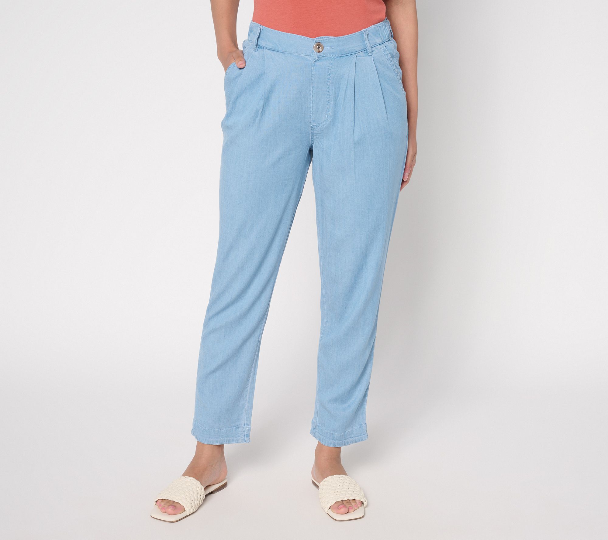 AnyBody Petite Drapey Denim Pull On Tapered Ankle Pants