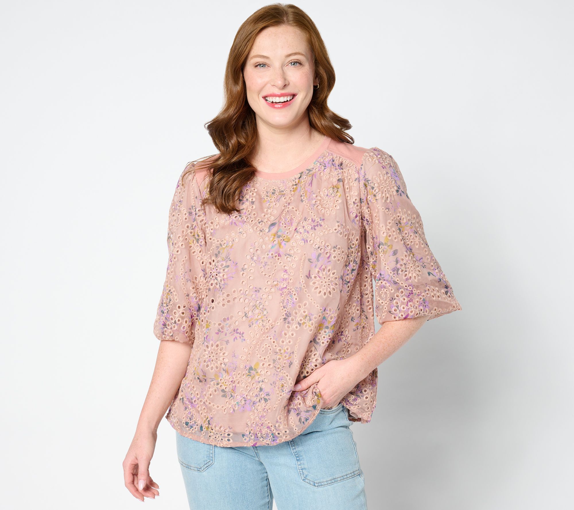 "As Is" LOGO Lavish by Lori Goldstein 3/4 Sleeve Scoop Neck Lace Top