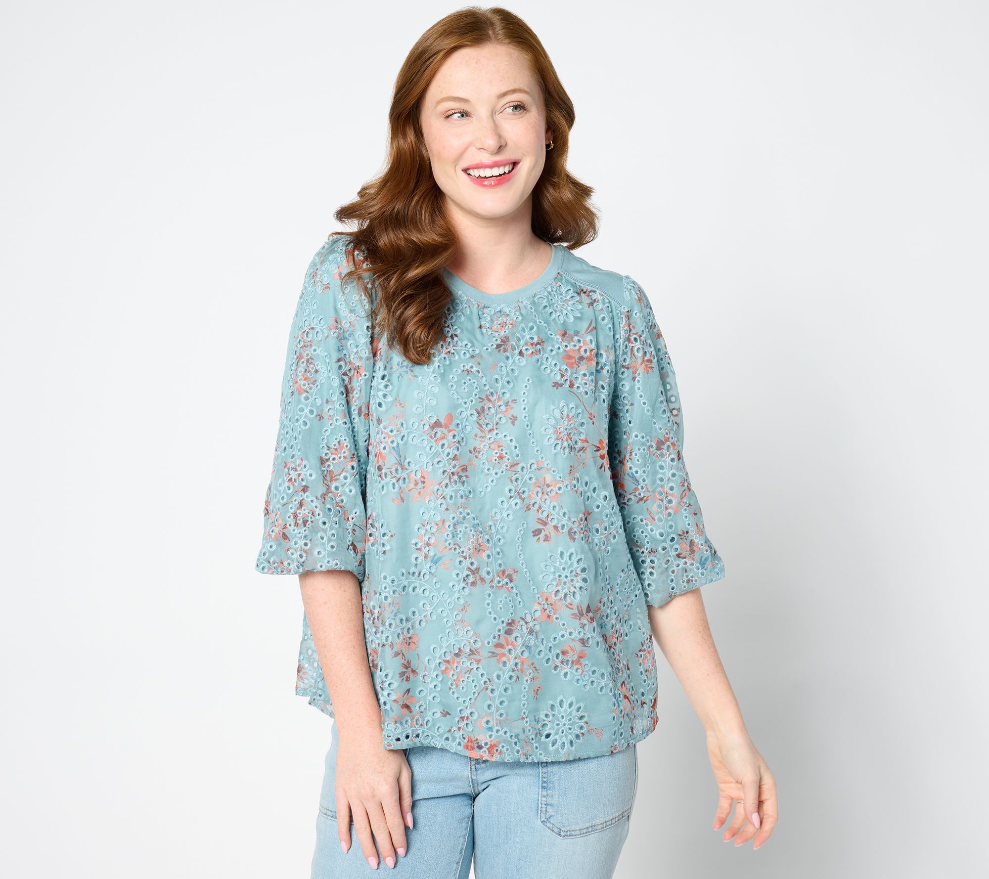 "As Is" LOGO Lavish by Lori Goldstein 3/4 Sleeve Scoop Neck Lace Top