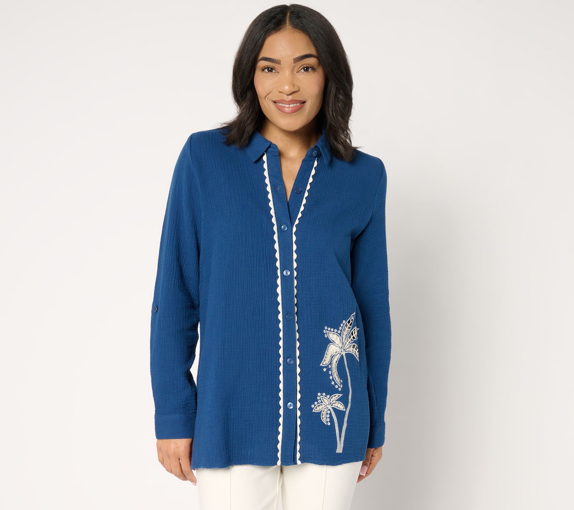 Susan Graver Soleil Regular Gauze Button Front Top with Embroidery