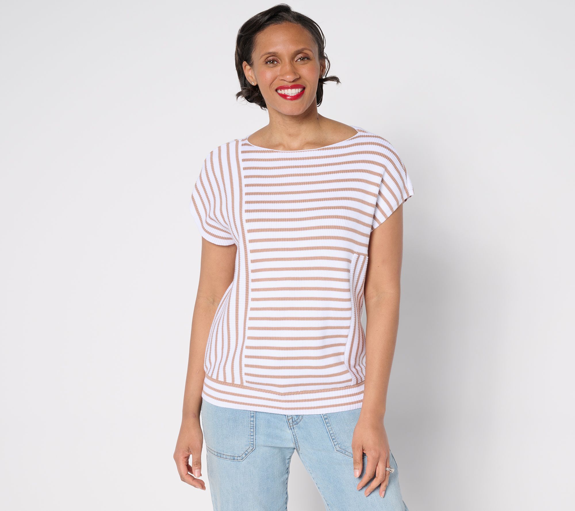 AnyBody Boat Neck Mixed Stripe Cotton Sweater