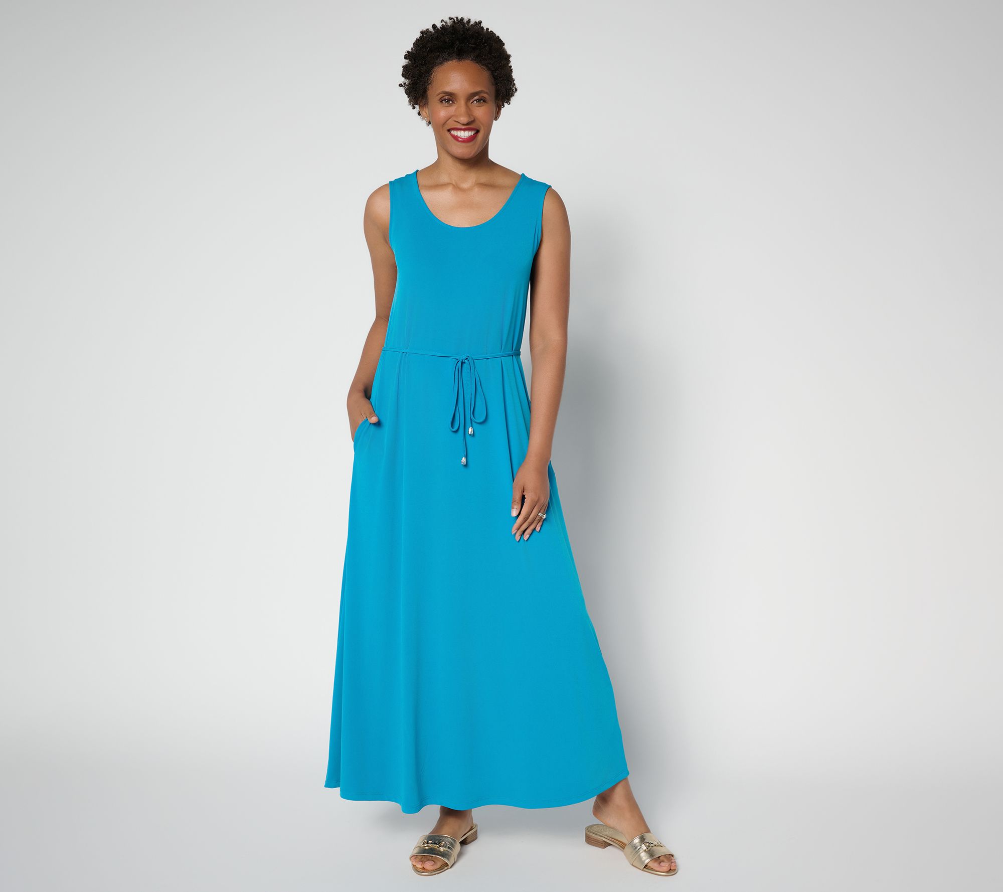 Susan Graver Regular Liquid Knit Belted Scoop Neck Maxi Dress