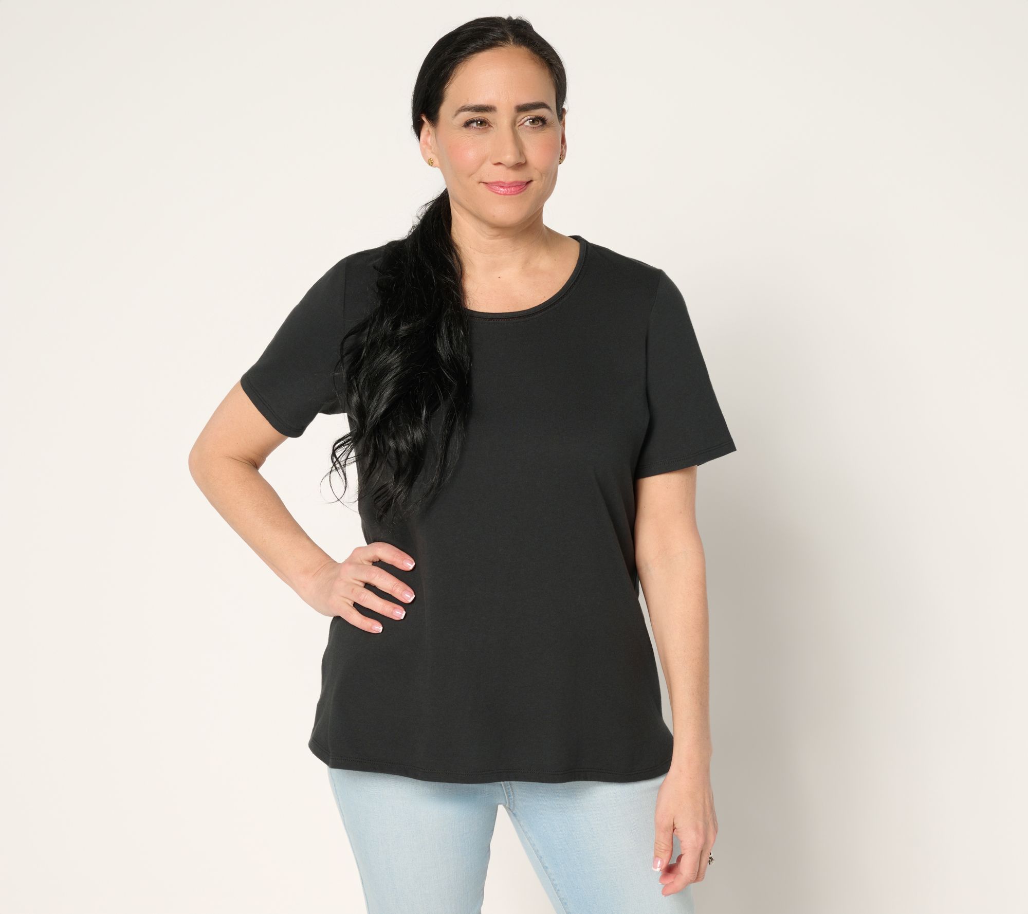Denim & Co. Essentials True Cotton Short Sleeve Top with Trim