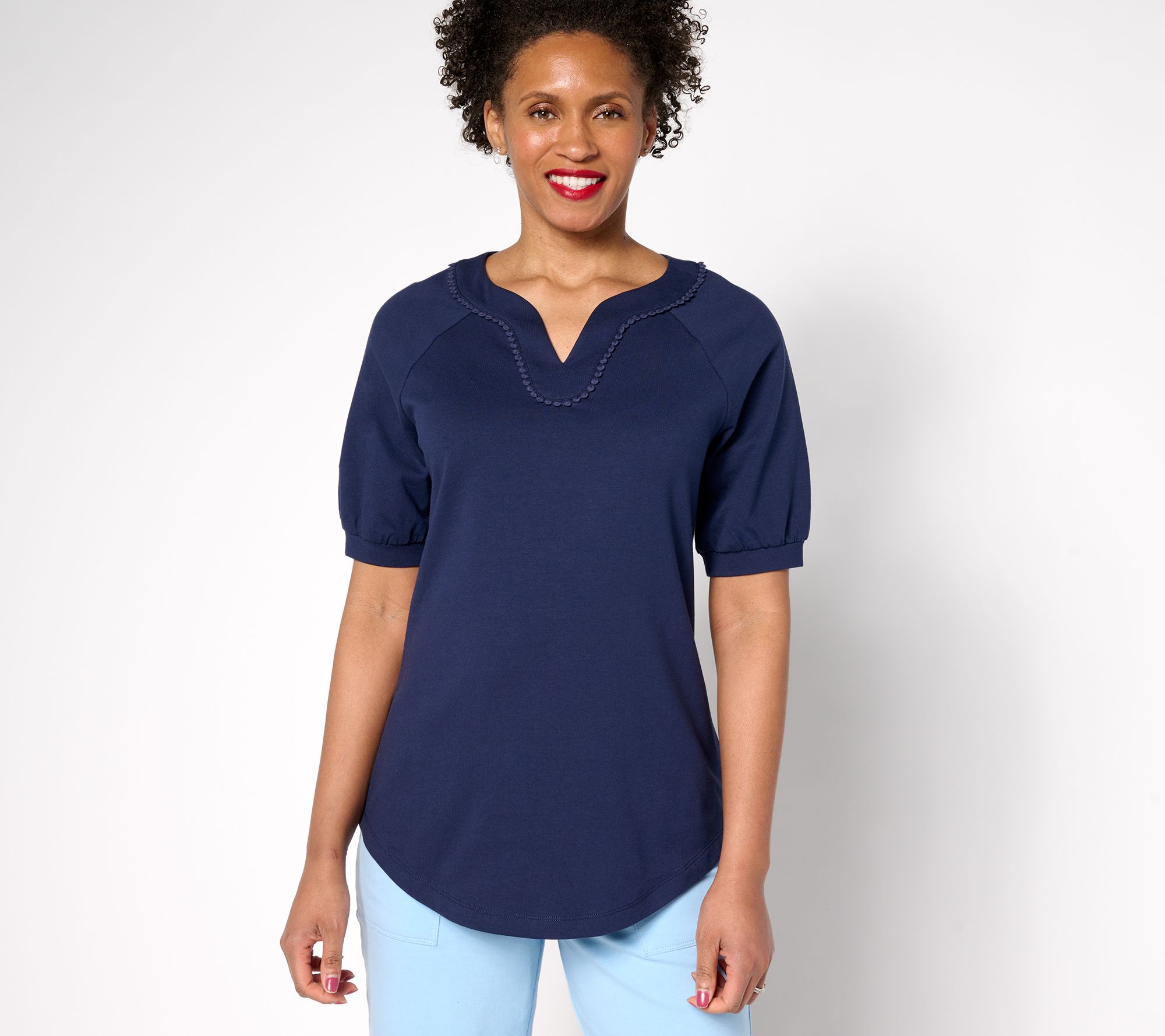 Sport Savvy Cotton Span Elbow Sleeve Top with Pom Neckline